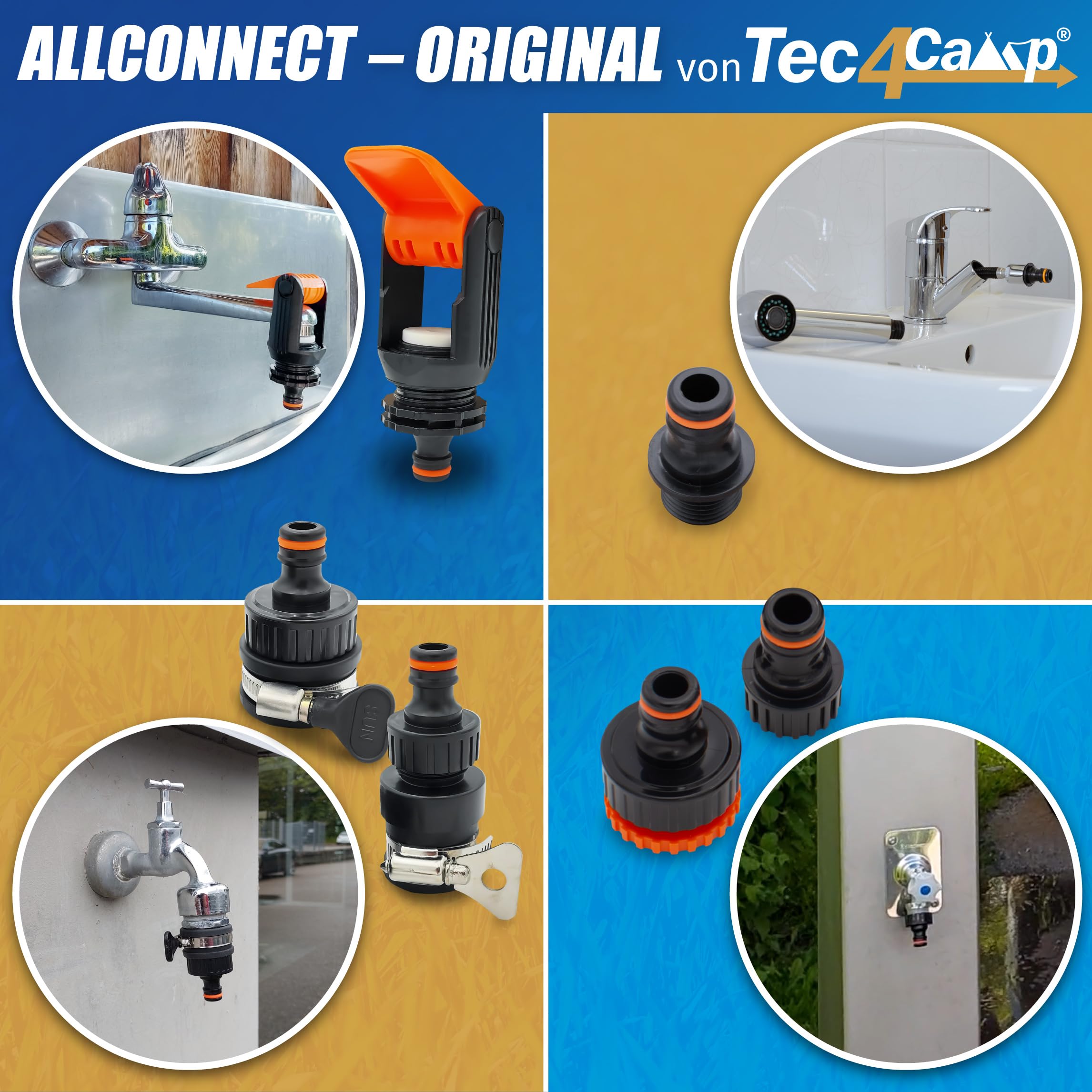 MaJoCompTec® ALLCONNECT set universale di collegamento per rubinetto | collegamento regolabile per rubinetto esterno senza filettatura | set di adattatori per camper, caravan e barca (set di
