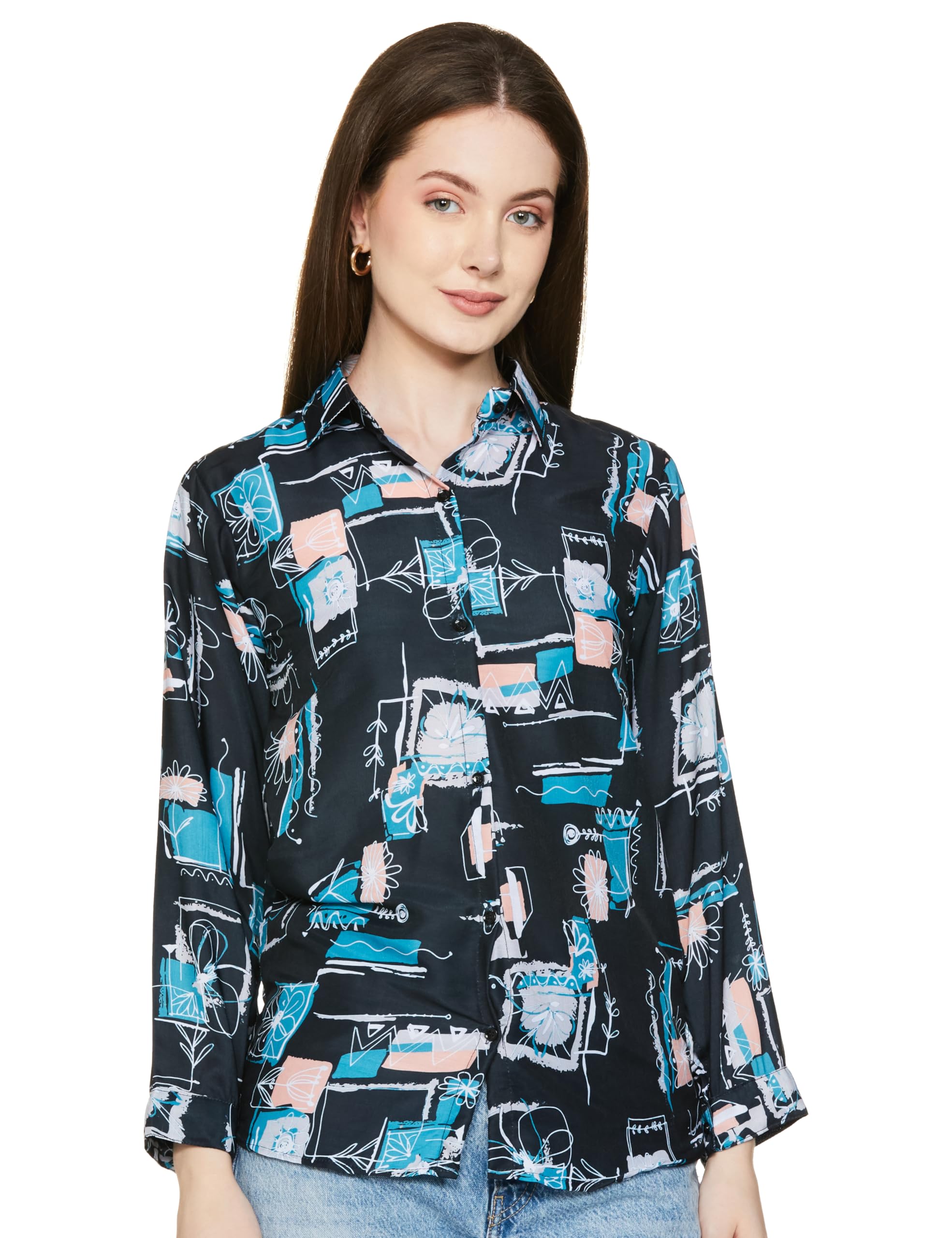 ROYALICAWomen's Short Sleeve Drop Shoulder Collared Blouse Button Down Graphic Print Blouse Shirts Top (X-Large, Black)