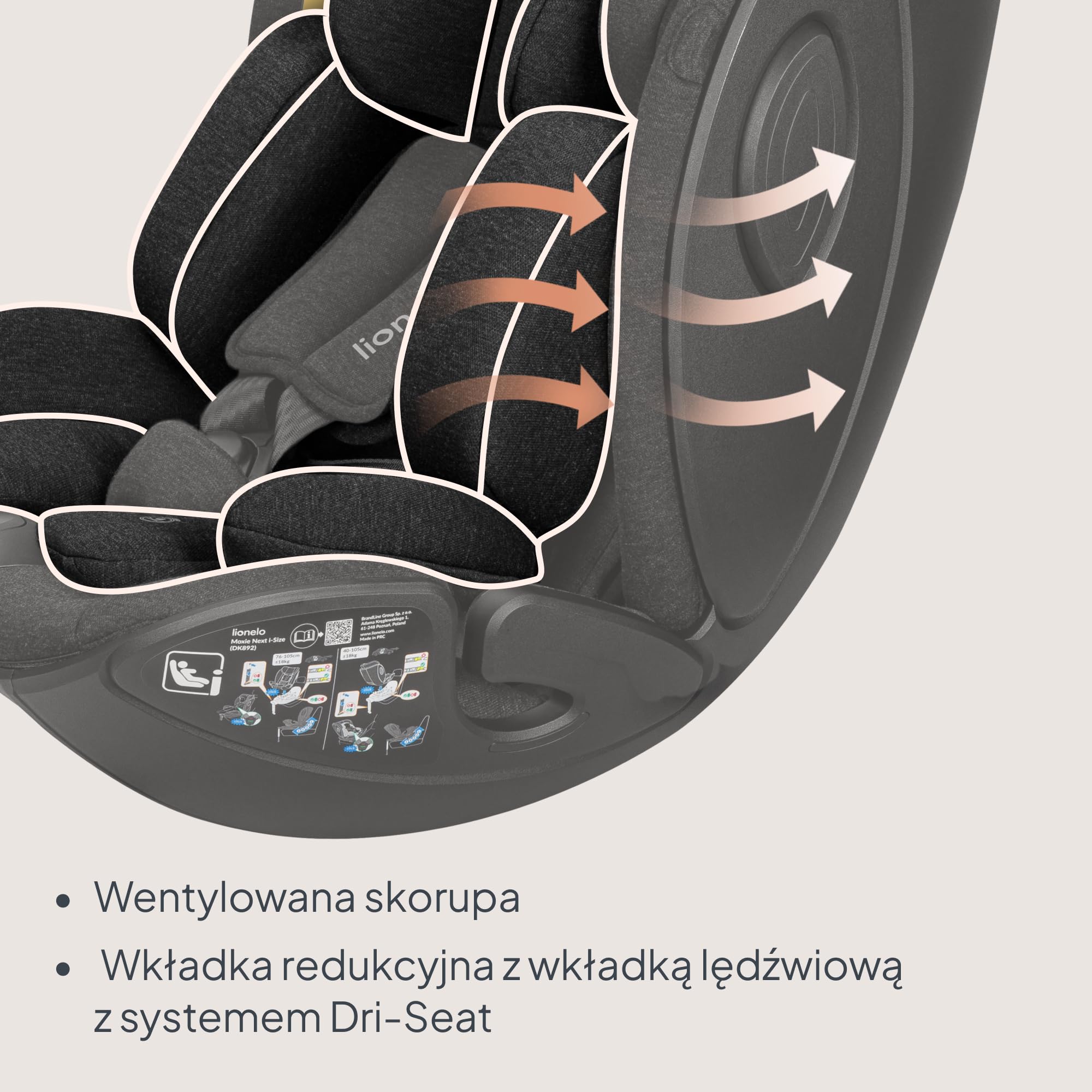 Lionelo Moxie Next i-Size fotelik samochodowy dla dzieci około 0-4 lat 40-105 cm 0-18 kg SIP ochrona boczna, regulacja zagłówka i oparcia, instalacja tylko do przodu i do tyłu z podstawą Moxie Next