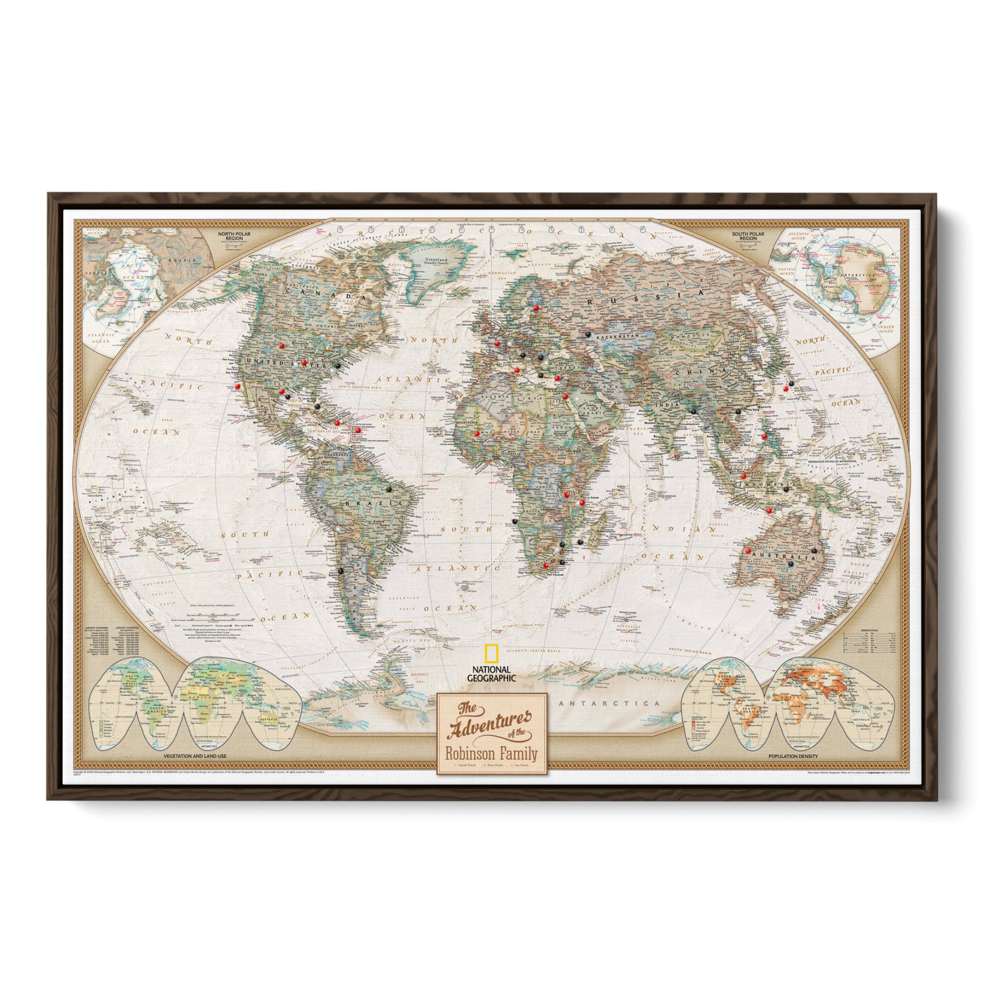 Executive World Push Pin Map – National Geographic Antique Style Canvas Travel Tracker – Extra Large Framed Wall Decor – Brown Float Frame – 34" x 51"