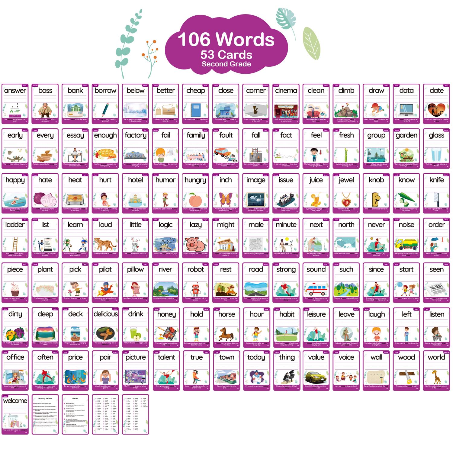 Amazon.com: WJPC 55 Cards, 106PCS High Frequency Sight Words Flash Cards ( Second-Grade), 1st, 2nd, 3rd Grade, 7,8,910,11 Years Ages Kids Boys Girls  for Reading, Write, Association, Sentence Making : Toys & Games