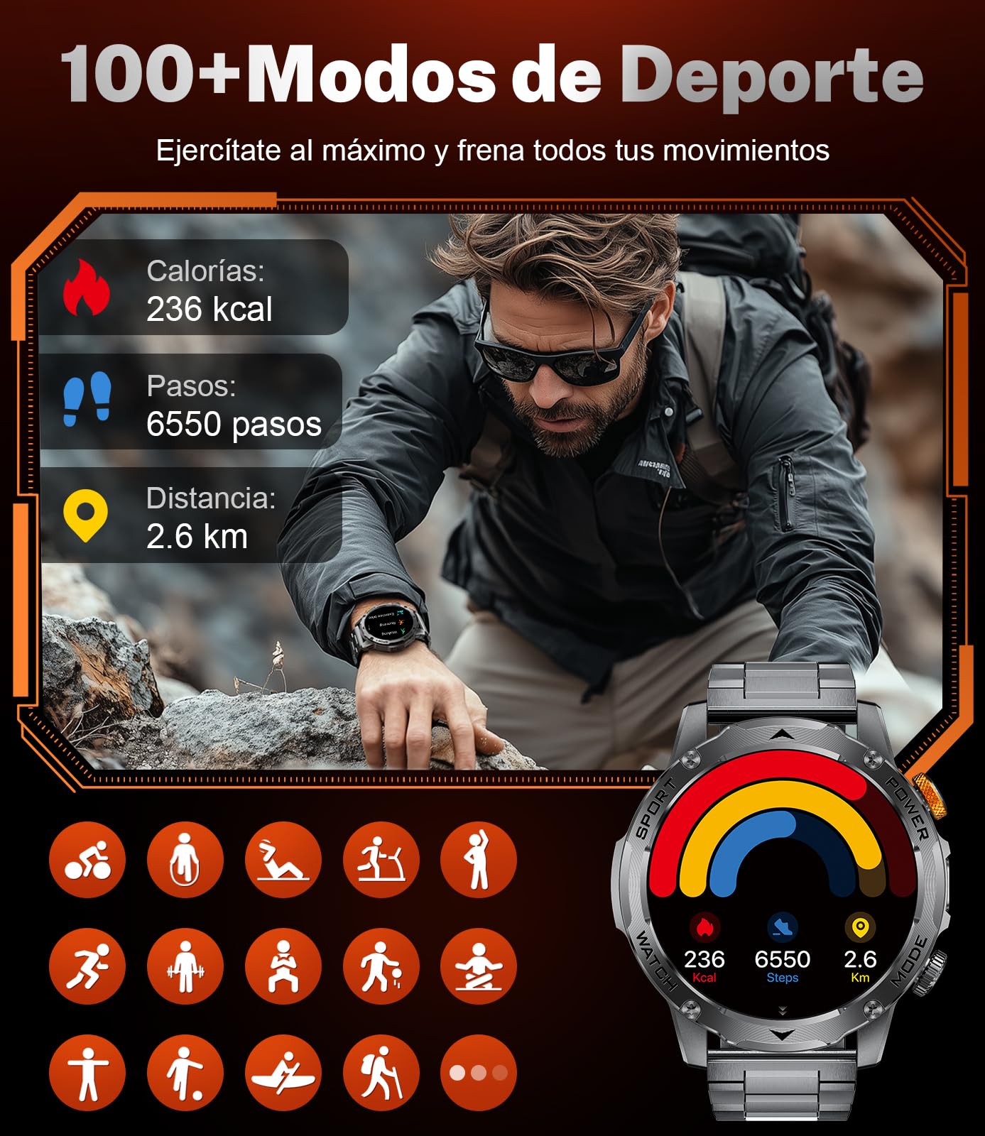 2025 Reloj Inteligente Hombre Militar 1000 mAh Batería/1,75'' HD Gran Display,Smartwatch Hombre con Linterna/Llamadas Bluetooth/130+ Modos Deporte/Frecuencia Cardíaca/Monitor de Sueño,para Android iOS