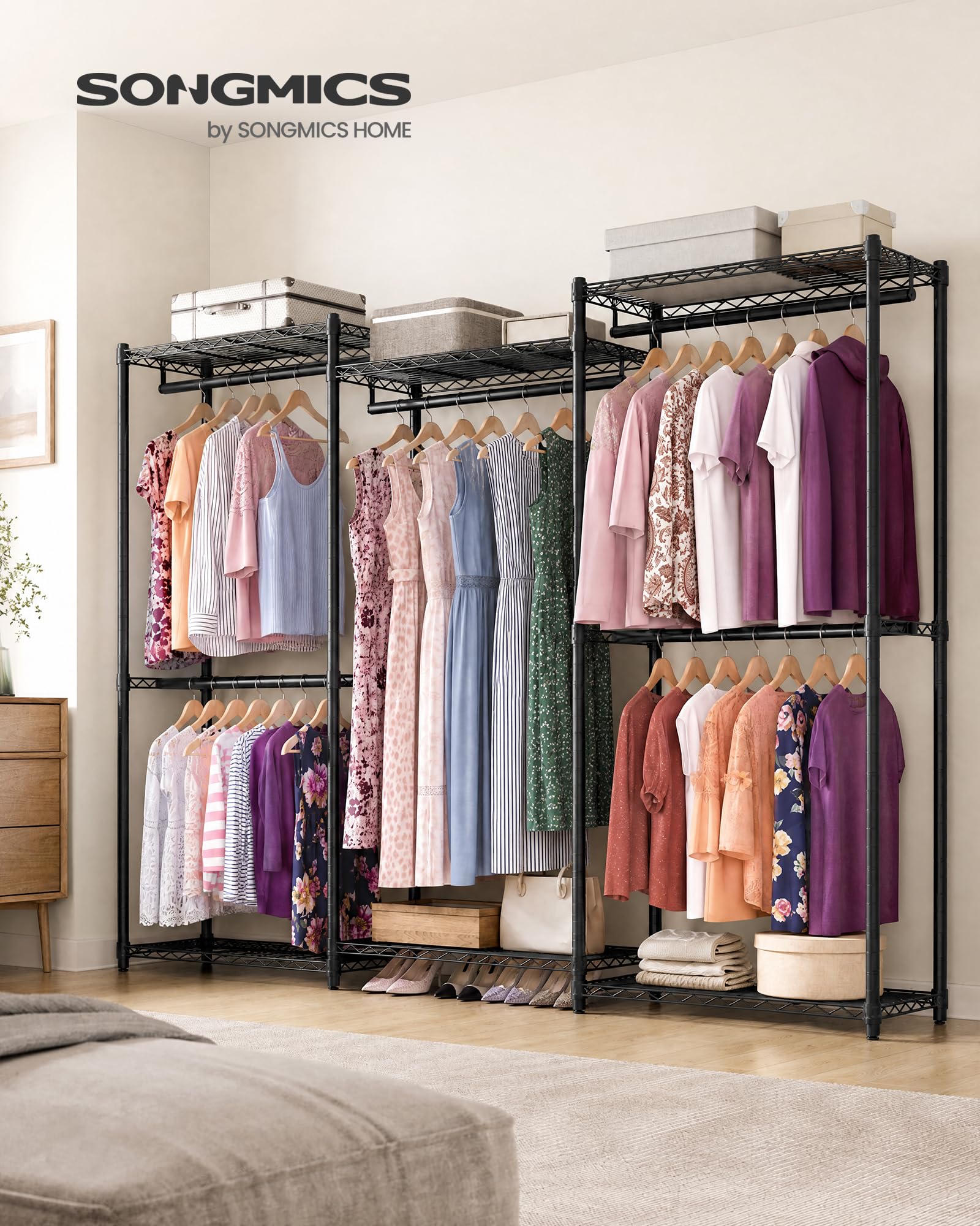 SONGMICS Garment, Heavy-Duty Clothes, Portable Closet Rack Largo 214 cm con Ripiani in Rete Regolabili e aste Appendiabiti, ULGR434B01, Acciaio Legato, Inchiostro Nero, 86.4"L x 15.8" W x 76" H