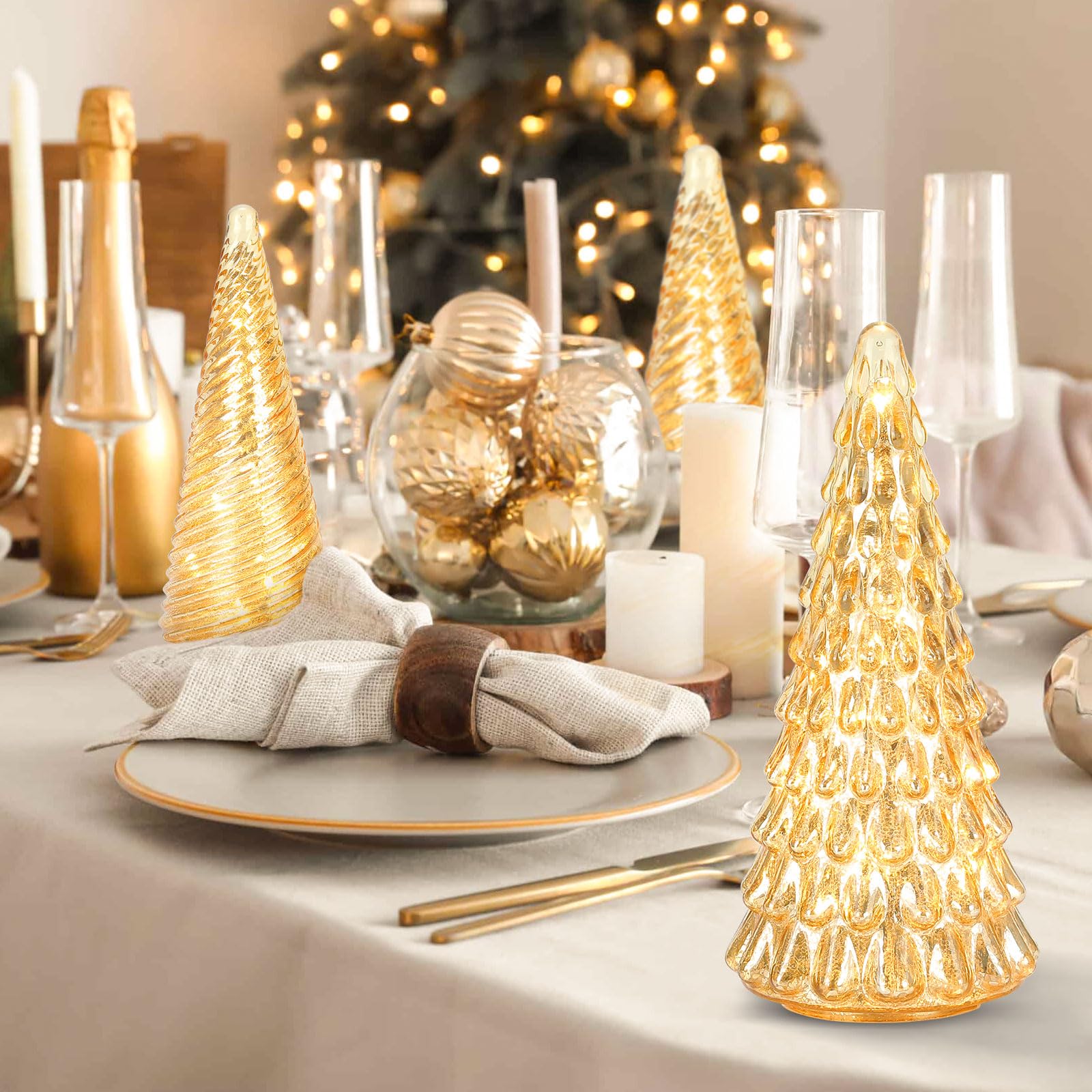 Table Top Christmas Tree Decorations with Fairy Lights,Gold Mercury Glass Finish, Holiday Table Centerpiece and Mantle Decor Set of 3 Assorted Trees