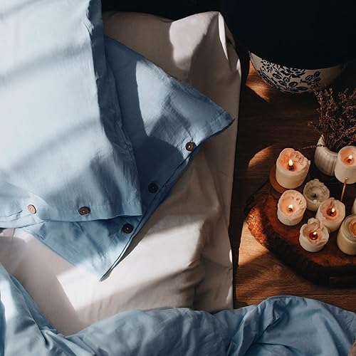 Miniatura 5 de Juego de funda de edredón %100 % de algodón natural, tamaño Queen, color azul aciano, similar al lino, juego de ropa de cama lujoso, suave y cómodo