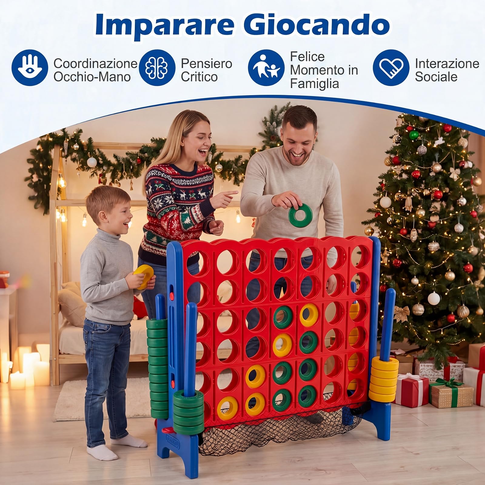 COSTWAY Forza 4 Gigante per Bambini e Adulti, Set Forza 4 per Interni ed Esterni con Rete per Pedine e 42 Pedine, Gioco Familiare per Feste e Vacanze