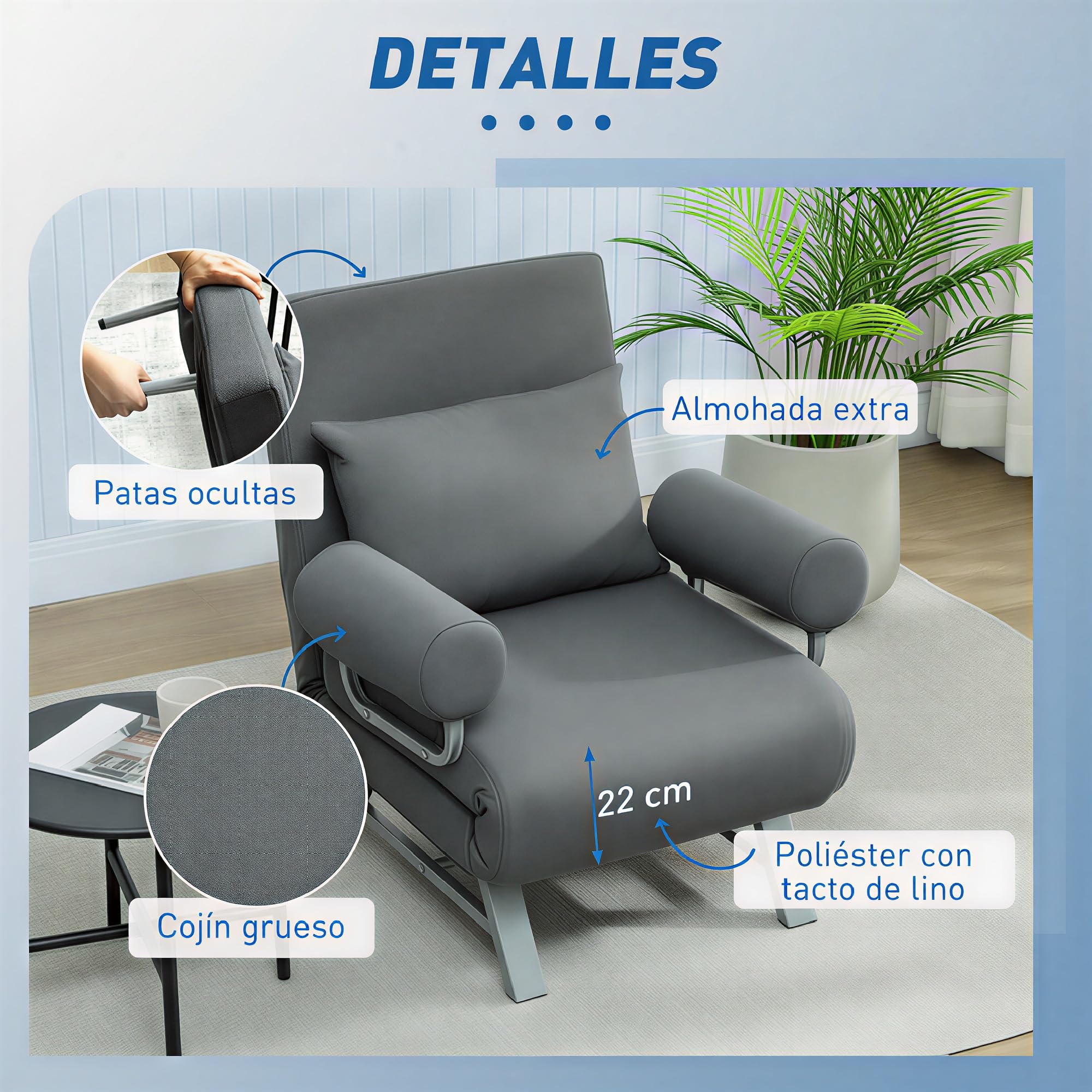 HOMCOM Sofá Cama de 1 Plaza 3 en 1, Sofá Cama Plegable Tapizado en Lino Sintético con Respaldo Ajustable de 5 Niveles y Almohada Acolchada, para Oficina, Dormitorio, Salón, 73x78x81 cm, Gris Oscuro