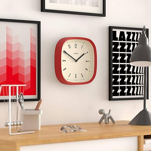 Miniatura 5 de JONES CLOCKS Reloj de pared Marvel Reloj cuadrado redondo retro 10 pulgadas Rojo Aspecto de diseñador genial para cocina, sala de estar u oficina