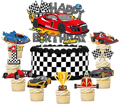 37 decoraciones para pasteles de cumpleaños, adornos para cupcakes de autos de carreras, adornos para tartas de autos de carreras con purpurina,