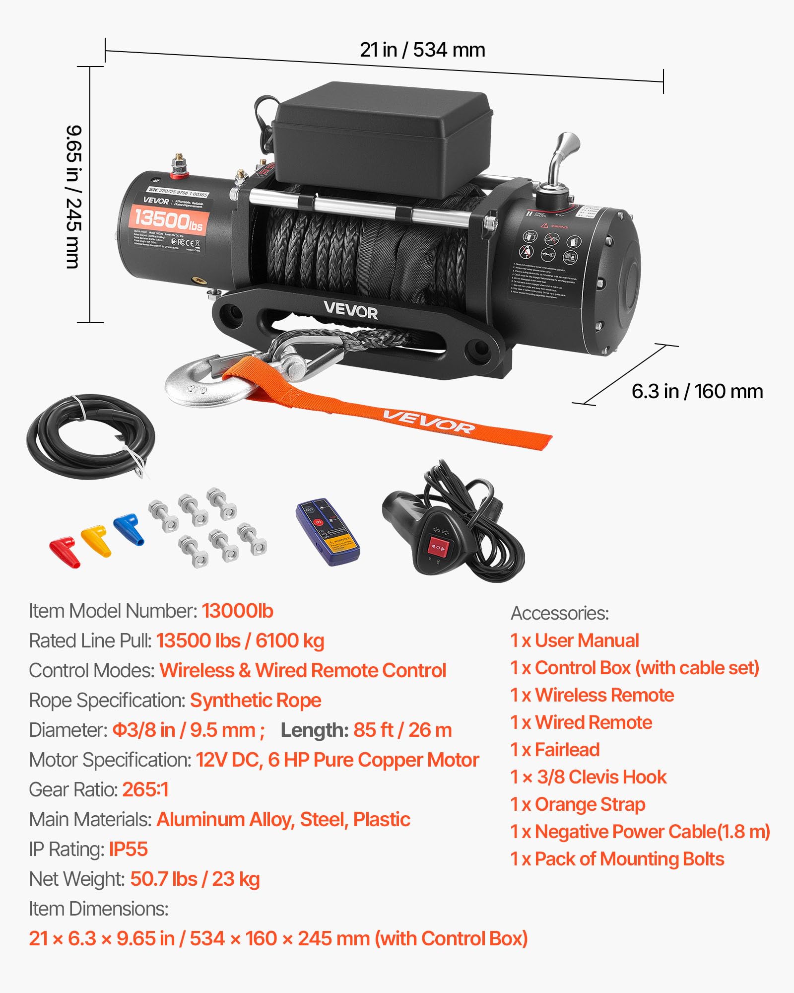 VEVOR Cabrestante Eléctrico, 6100 kg, 12 V CC, con Cable Sintético de 26 m, Control Remoto Inalámbrico y con Cable, IP55, para Remolcar SUV, Remolques y Barcos, 534 x 160 x 215 mm, Negro