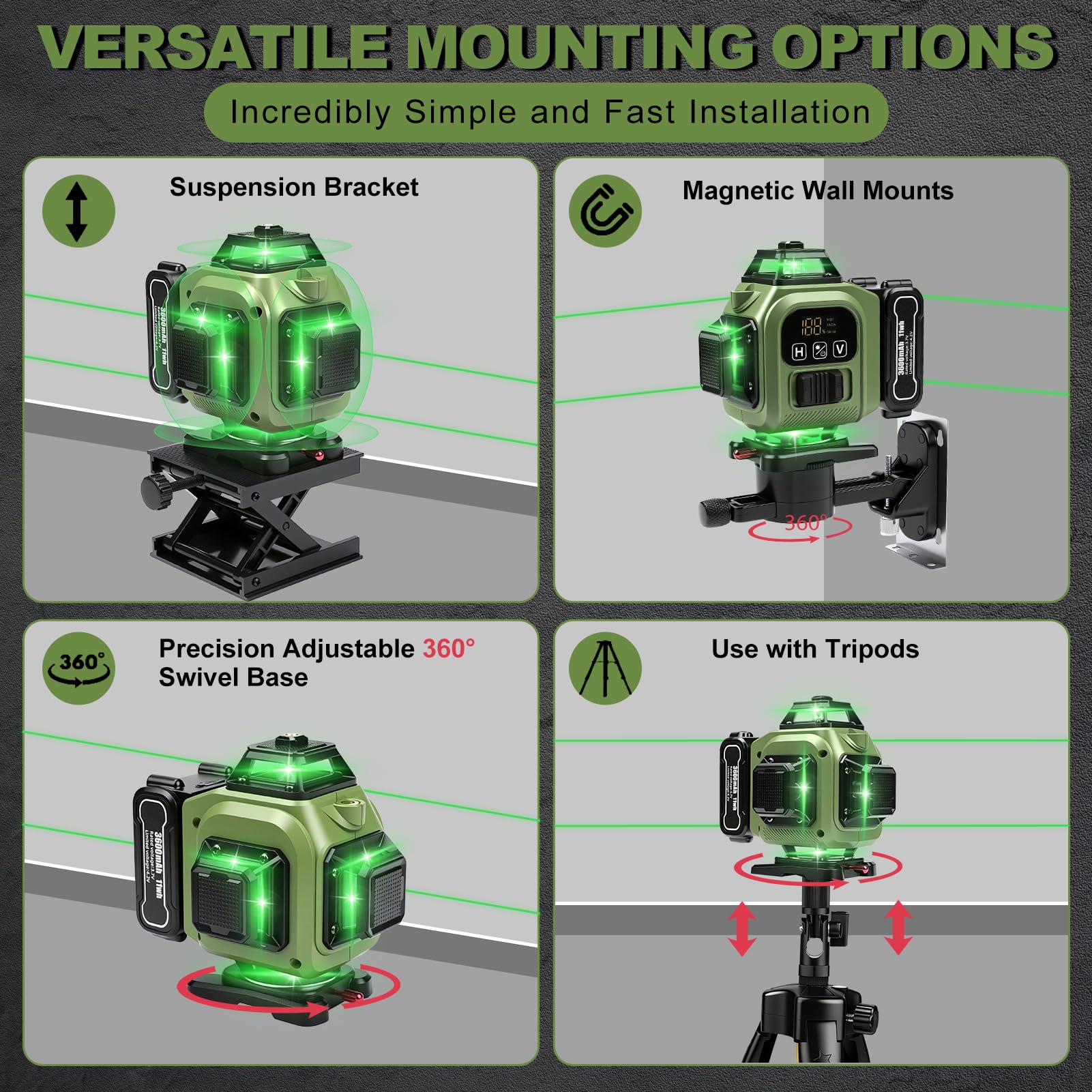 Livella Laser Autolivellante Con Treppiede, 4 x 360° 16 Linee Digitale Verde Livello Laser A Linee Incrociate Con 3 x 3600mah Batterie/Display LED/APP/Telecomando/IP54 Impermeabile Per Costruzione