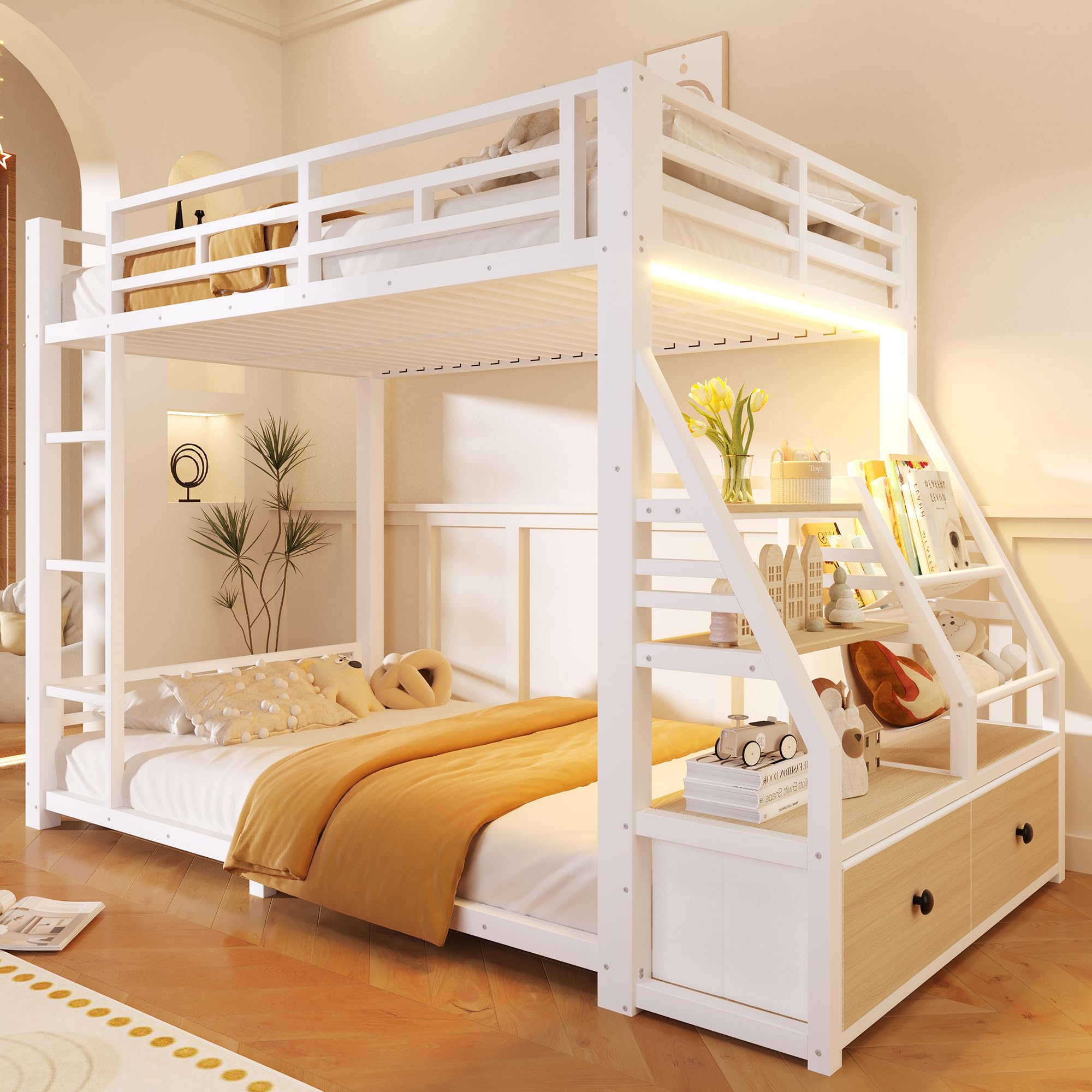 Sapgaks Lit superposé Enfant en métal 90 x 200 avec éclairage LED et 2 tiroirs en Tissu,Rangement,lit Enfant 90x200,Cadre de lit 2 Personne,Blanc