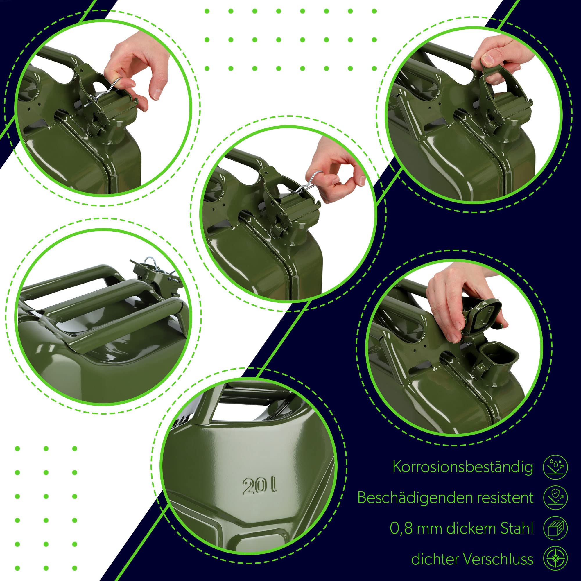 Bidón de gasolina KADAX, bidón de acero de 0,8 mm, bidón de combustible para gasolina y gasóleo, depósito de reserva con triple asa, bidón de chapa de acero (20L verde)
