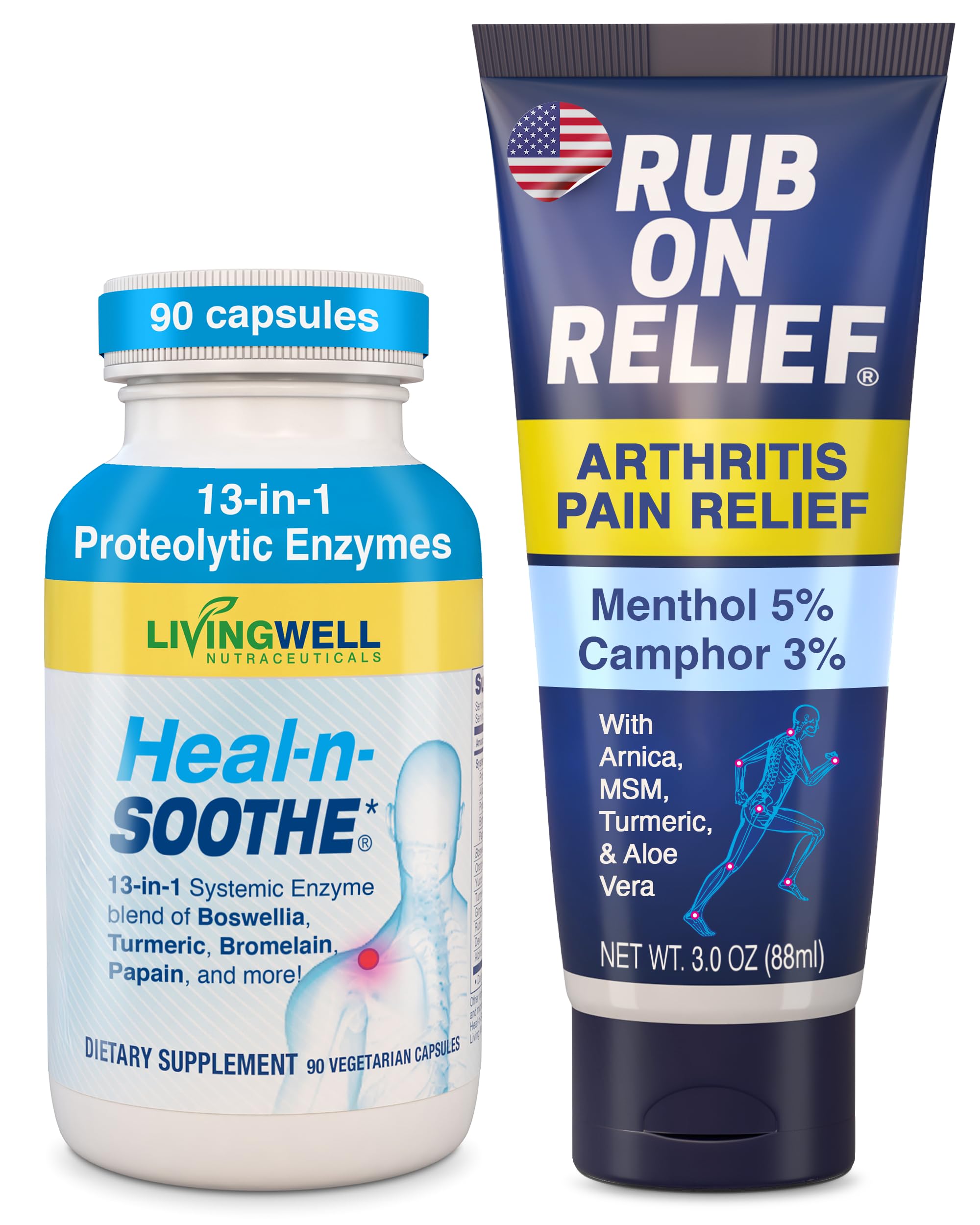 RUB ON RELIEF & HEAL-N-SOOTHE Bundle - Topical Pain Relief Cream for Joints, Knees, Shoulders and Back plus Proteolytic Enzymes for Joint Support for