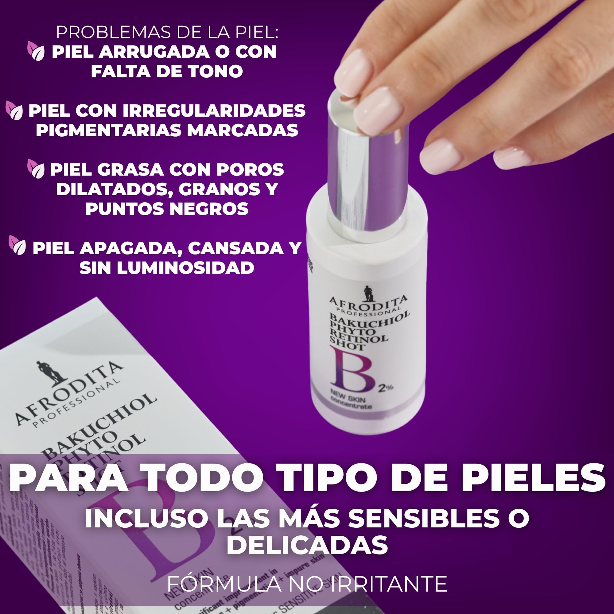 Afrodita Professional Bakuchiol Phyto Retinol Shot 2% - Sérum facial con Sytenol A, pantenol, beta-glucano y escualano, sin fragancia, vegano, 30 ml
