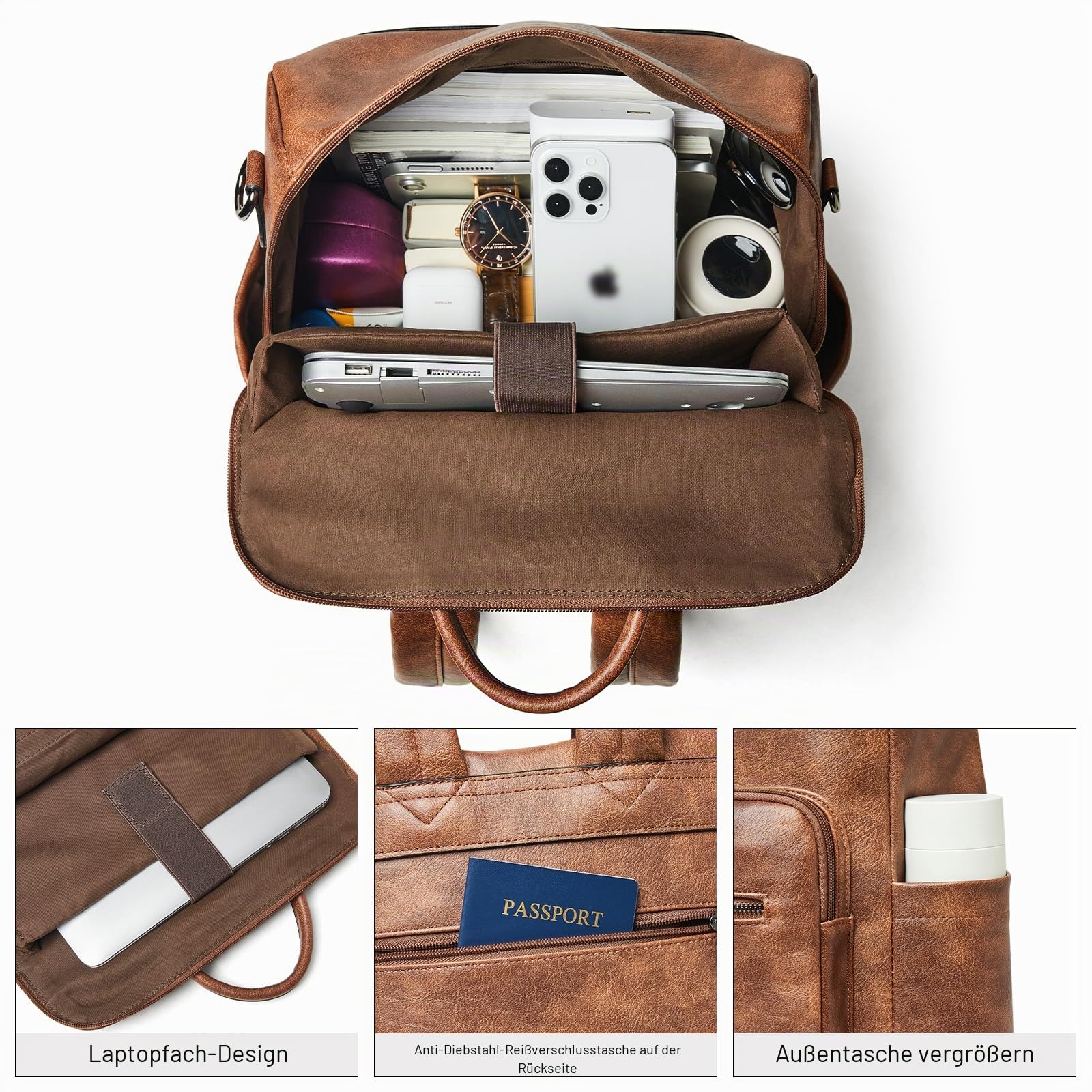 Shrrie 15,6 Zoll Laptop-Rucksack für Damen – Großer Reiserucksack aus Leder, wasserabweisend, für Freizeit, Uni, Arbeit, Handgepäck-Zweifarbiges Braun
