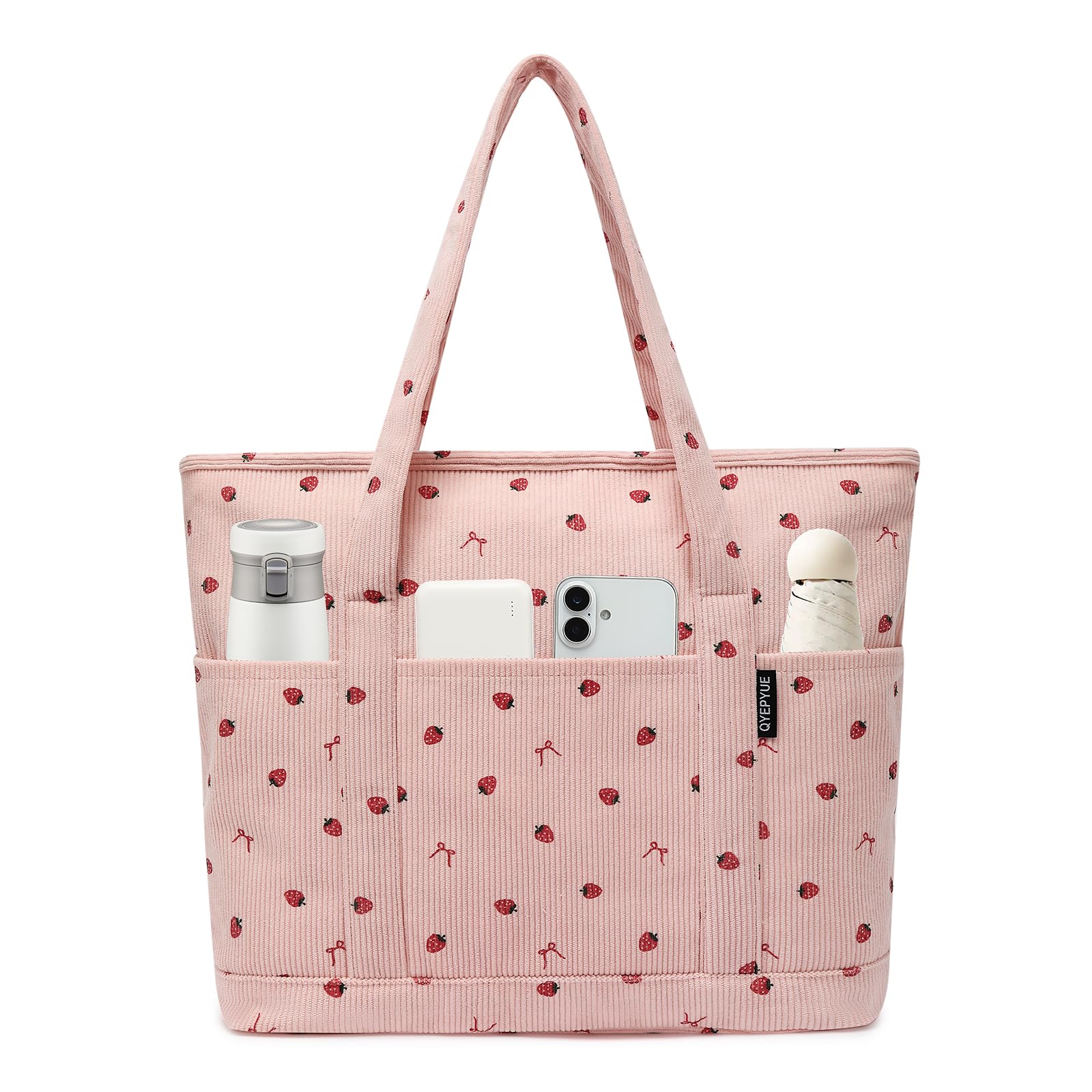 Large Canvas Tote Bag for Women, Beach Bag with Zipper, Utility Tote Bag with 3 Front Pockets, Weekender Pool Bag Pink