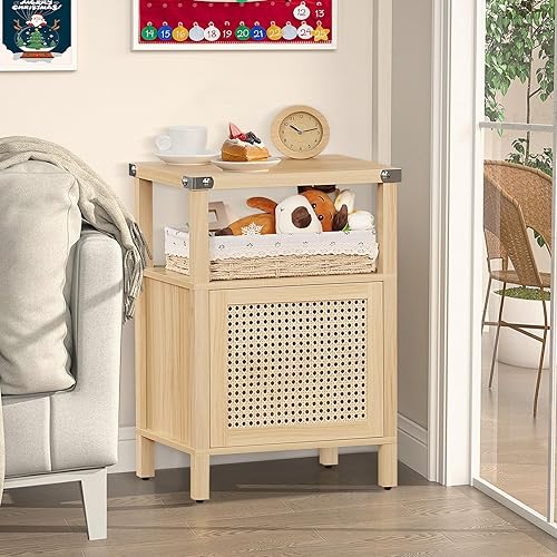 Miniatura 6 de Lerliuo Juego de 2 mesitas de noche de ratán, mesa auxiliar con puerta de ratán natural hecha a mano y estante abierto, mesita de noche de madera