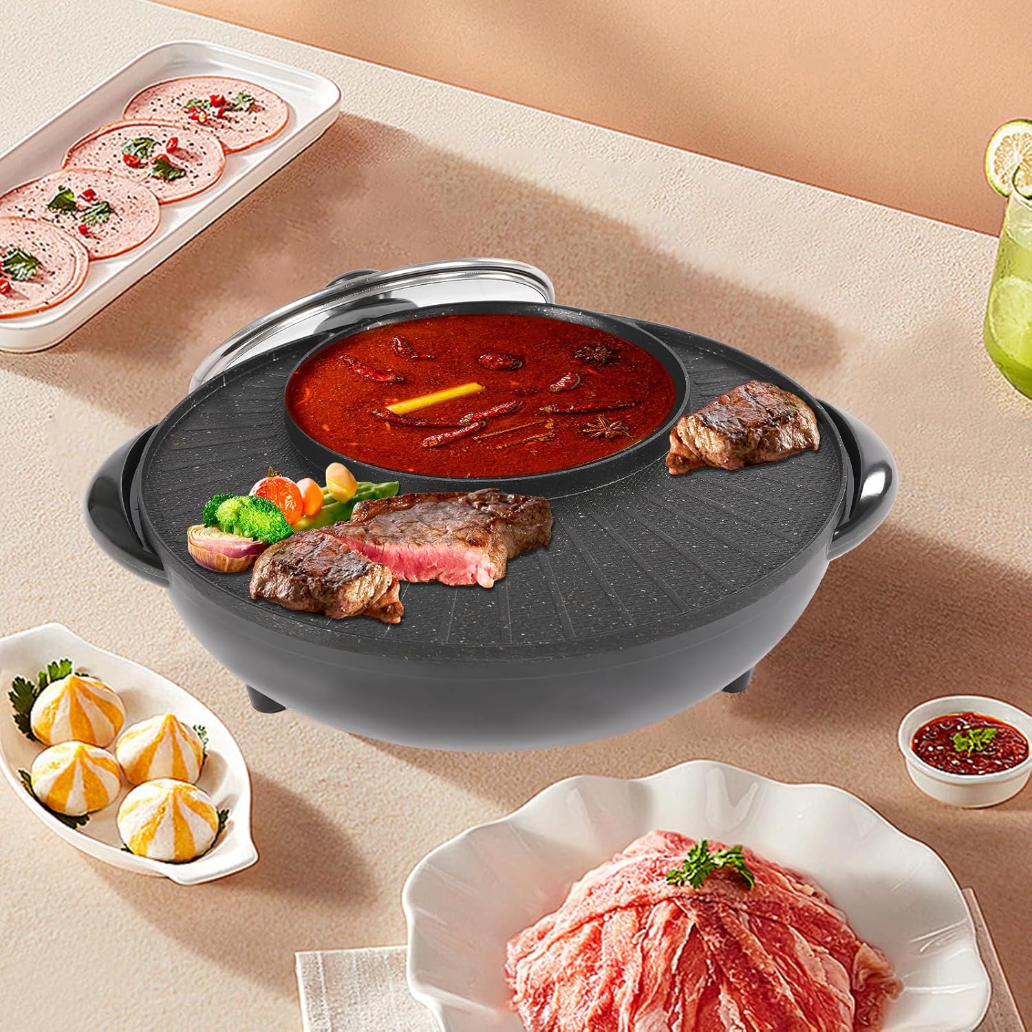 Circular Edition Hotpot Grill Combo Indoor BBQ, Electric Hot Pot with Divider, Portable Smokeless Grill
