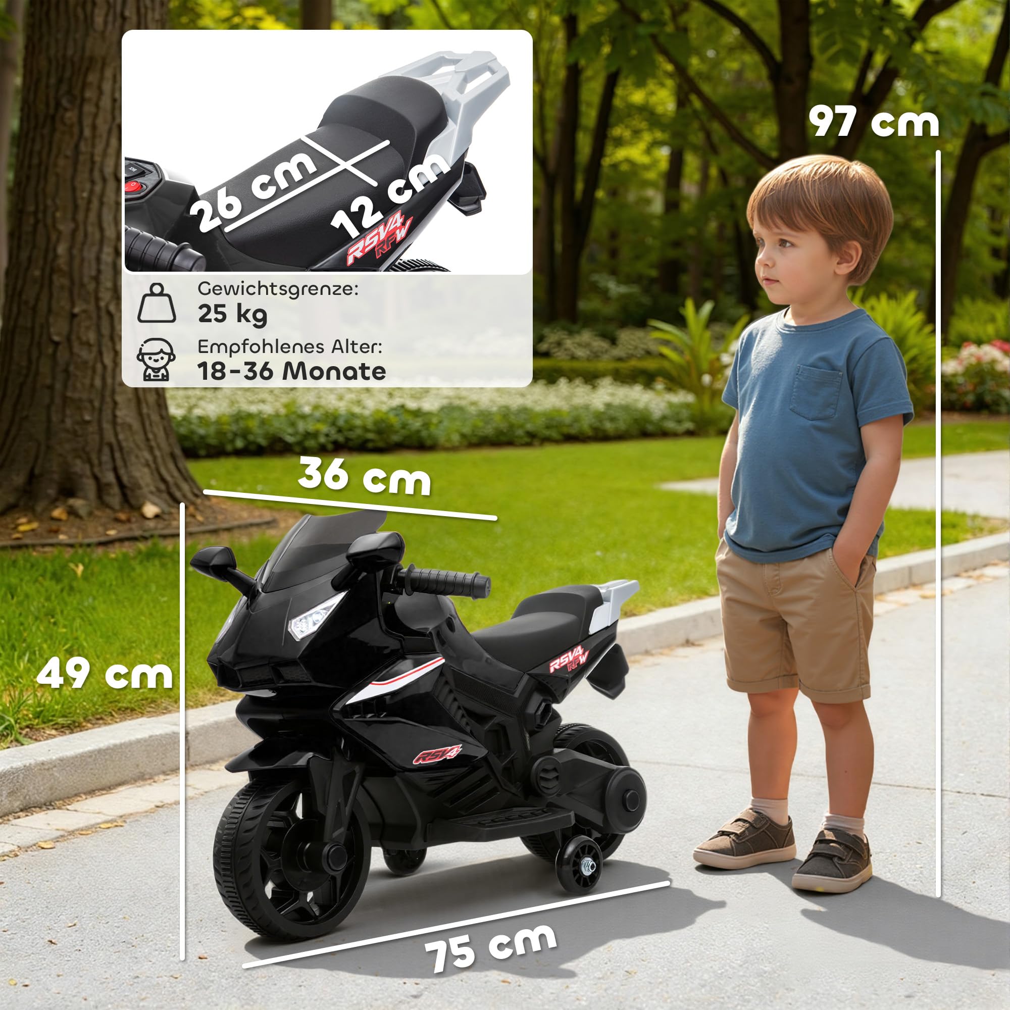 AIYAPLAY Elektryczny motocykl dla dzieci z USB, kółkami treningowymi, muzyką, klaksonem i reflektorami, dla dzieci w wieku 1,5-3 lat Czarny