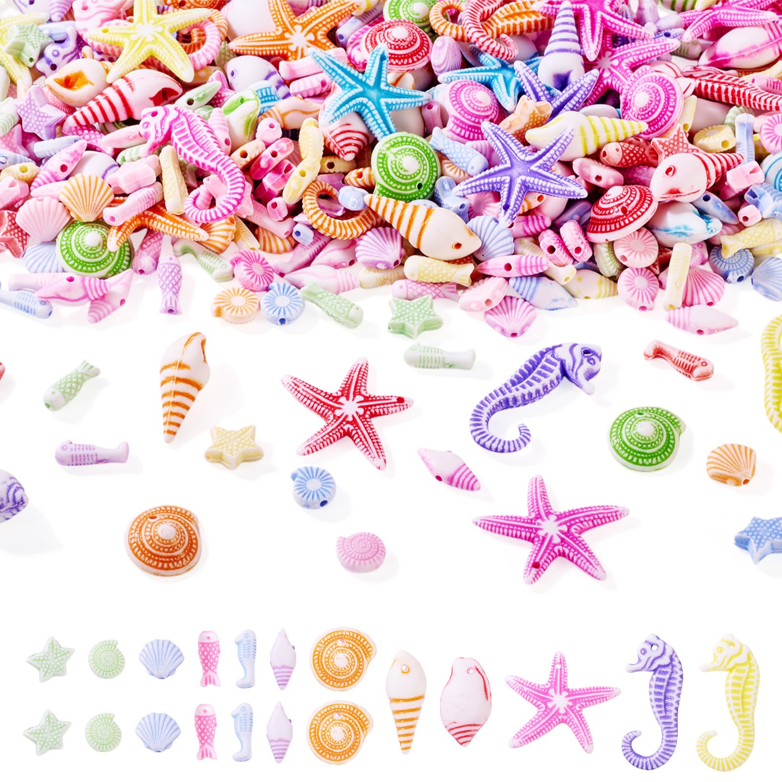 Acrylic Sea Animals Beads Craftdady 200G Mixed OceanTheme Small Fish Shell Starfish Seahorses Spacer Beads Sea Life Animal Loose Bead for Beach Hawaii