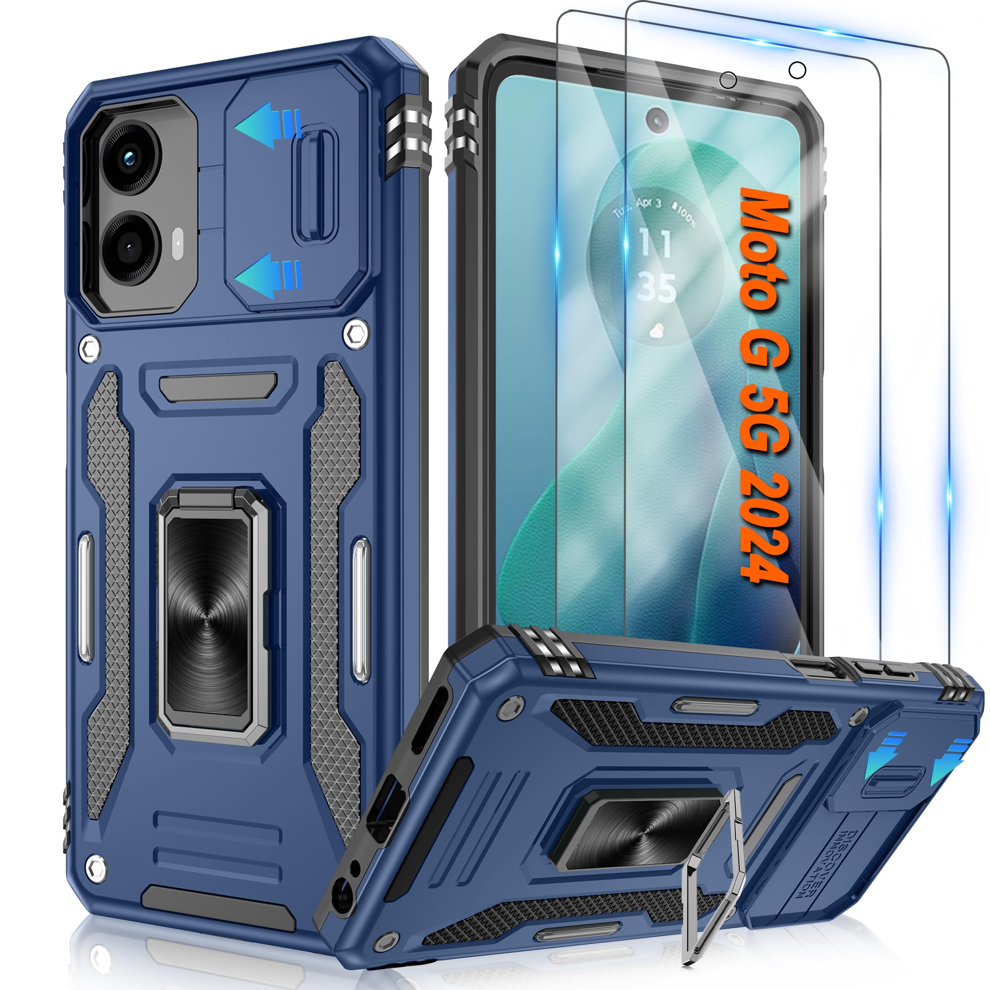 For Motorola Moto G-5G-2024 Case, Moto G Play 5G 2024 with [2 Pack] HD Screen Protector & Slide Camera Cover, Magnetic Ring Holder Kickstand [Military