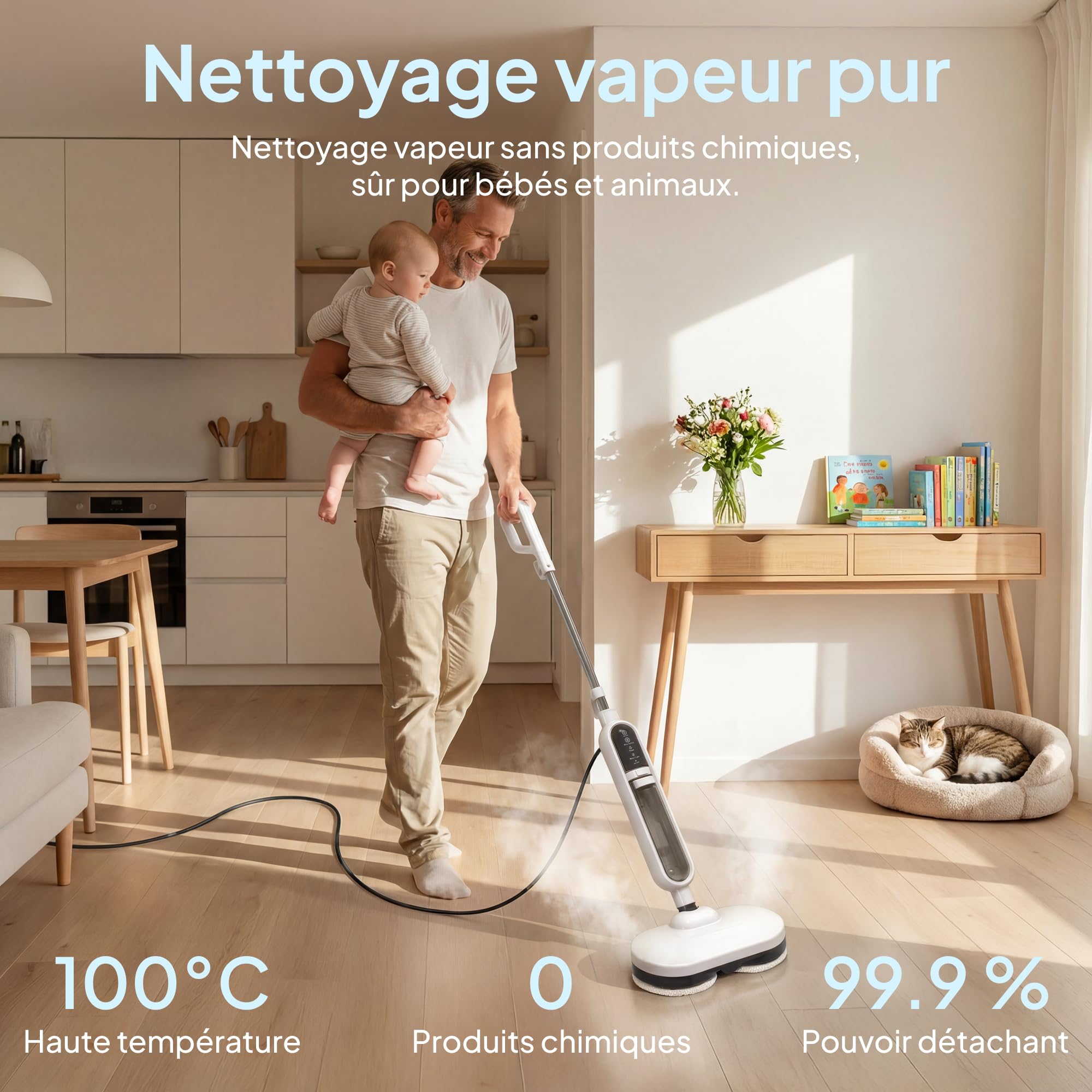Livatro - Mopa a vapor con cabezal giratorio motorizado - 1300 W, calienta en 30 s, depósito 500 ml, 15 accesorios - Para suelos duros sellados, baldosas y juntas - Blanco