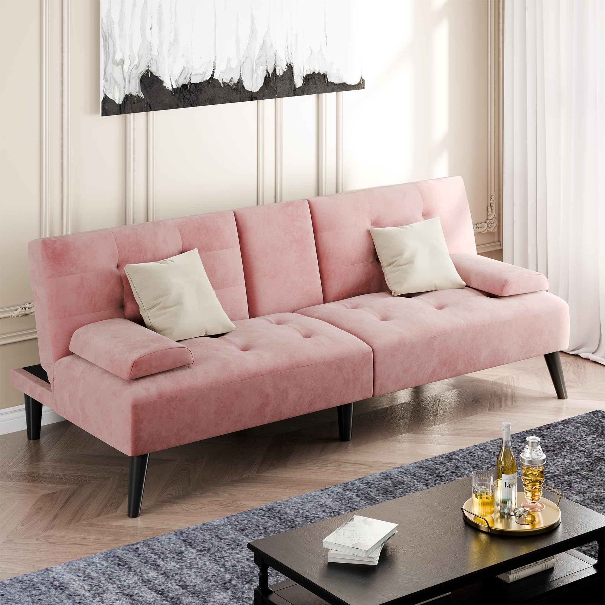 Shintenchi 64" Futon Sofa Bed, Velvet Foldable Couch, Reclining Sleeper with Removable Armrests, Upholstered Loveseat Sofa Couch with Folding Cup Holders for Home, Office, Pink