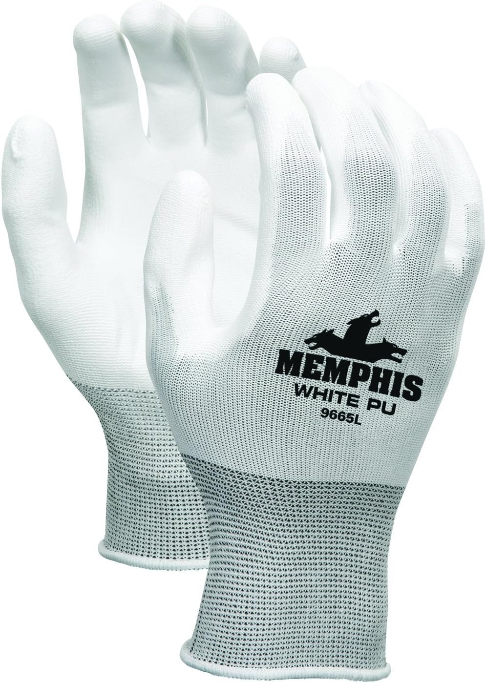 MCR Safety 9665M Nylon Knitted Shell Gloves with White PU Dipped Palm and Fingers, White/Gray, Medium, 1-Pair