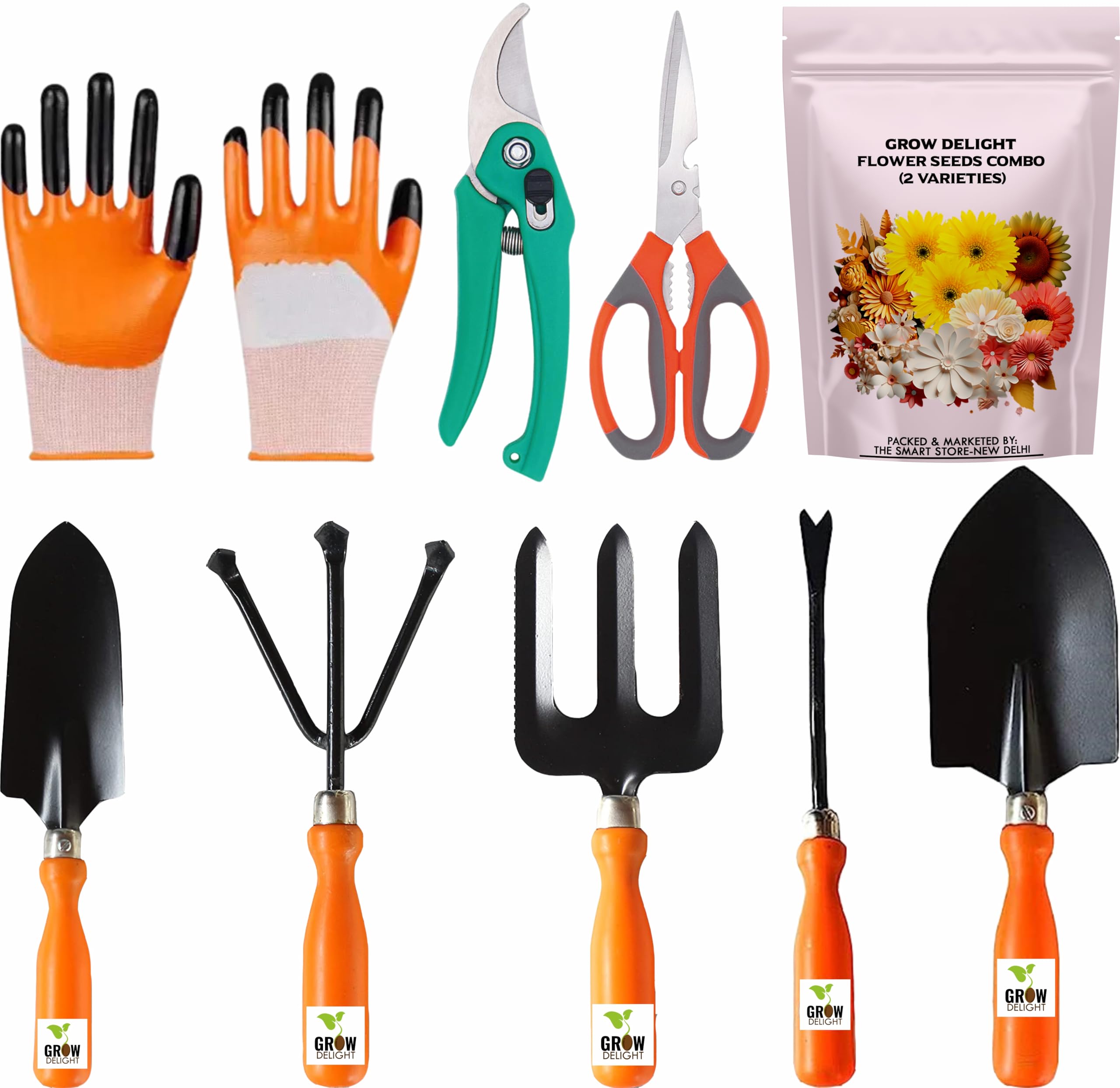 Gardening Tools Kit-9 Pcs (Fork, Cultivator, Trowels, Garden Gloves, Weeder, Pruner Cutter, Garden Scissors, Free Flower Seeds Packet)|Durable Gardening Tools|Home Gardening Tool Set