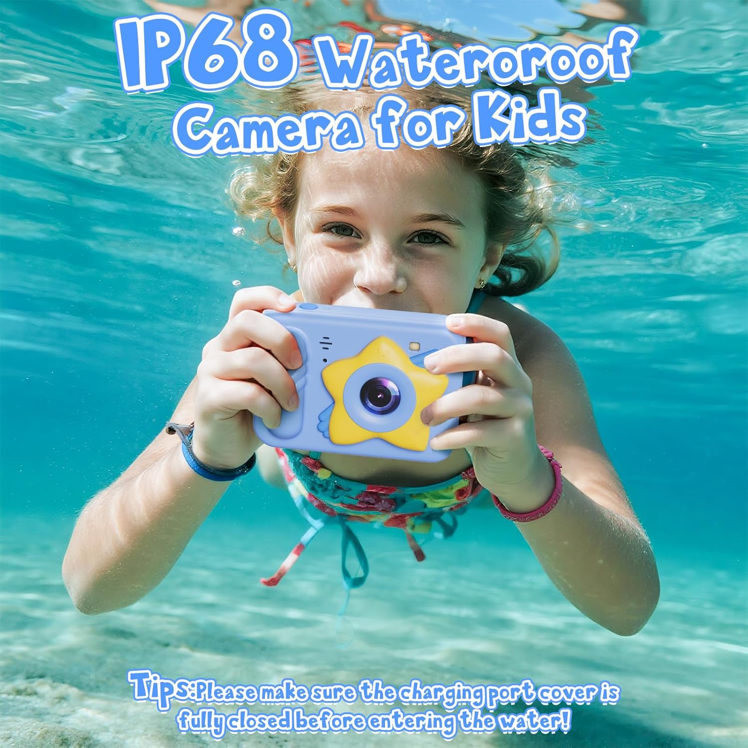 Underwater Camera, 48MP 5FT Waterproof Digital Camera with 32GB Card, Autofocus Floatable Waterproof Camera with HD Screen, 8X Digital Zoom, for Kids Water Park, Swimming (Star Style, Blue)