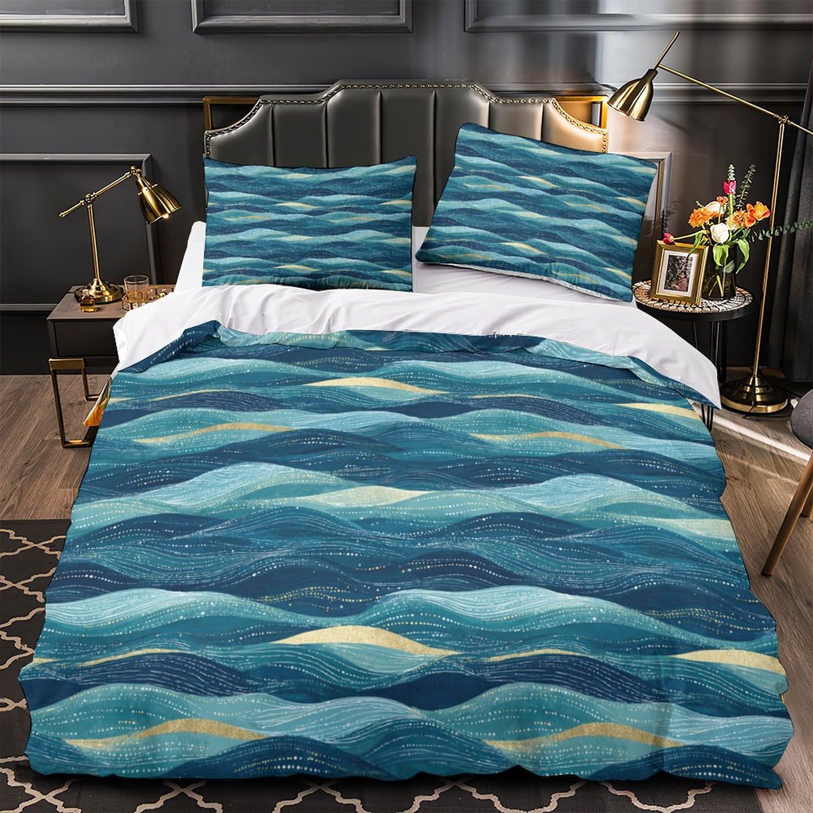 Housse de couette 135x200 en microfibre hypoallergénique résistante motif vagues 3D