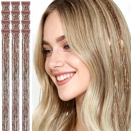 Miniatura 7 de Extensiones de cabello brillante con clip de oropel arcoíris para niñas, Navidad y Año Nuevo (24 pulgadas, paquete de 12 unidades, arcoíris)
