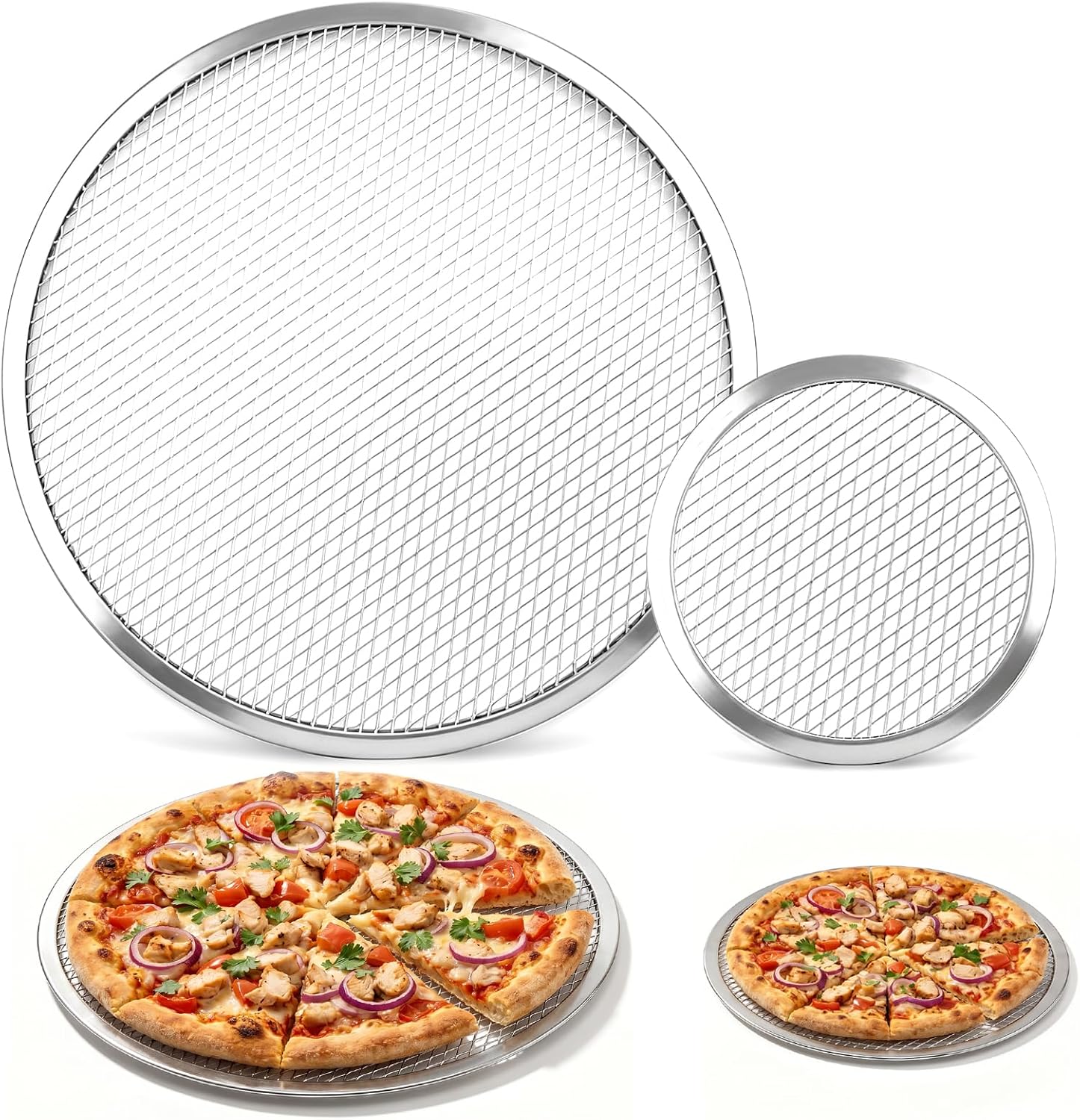 2 Pcs Pizza Screen Set, 12 Inch & 6 Inch Aluminum Mesh Pizza Pan with Reinforced Rim, Heat Distribution Evenly, Pizza Pan with Holes for Oven Baking (Silver)