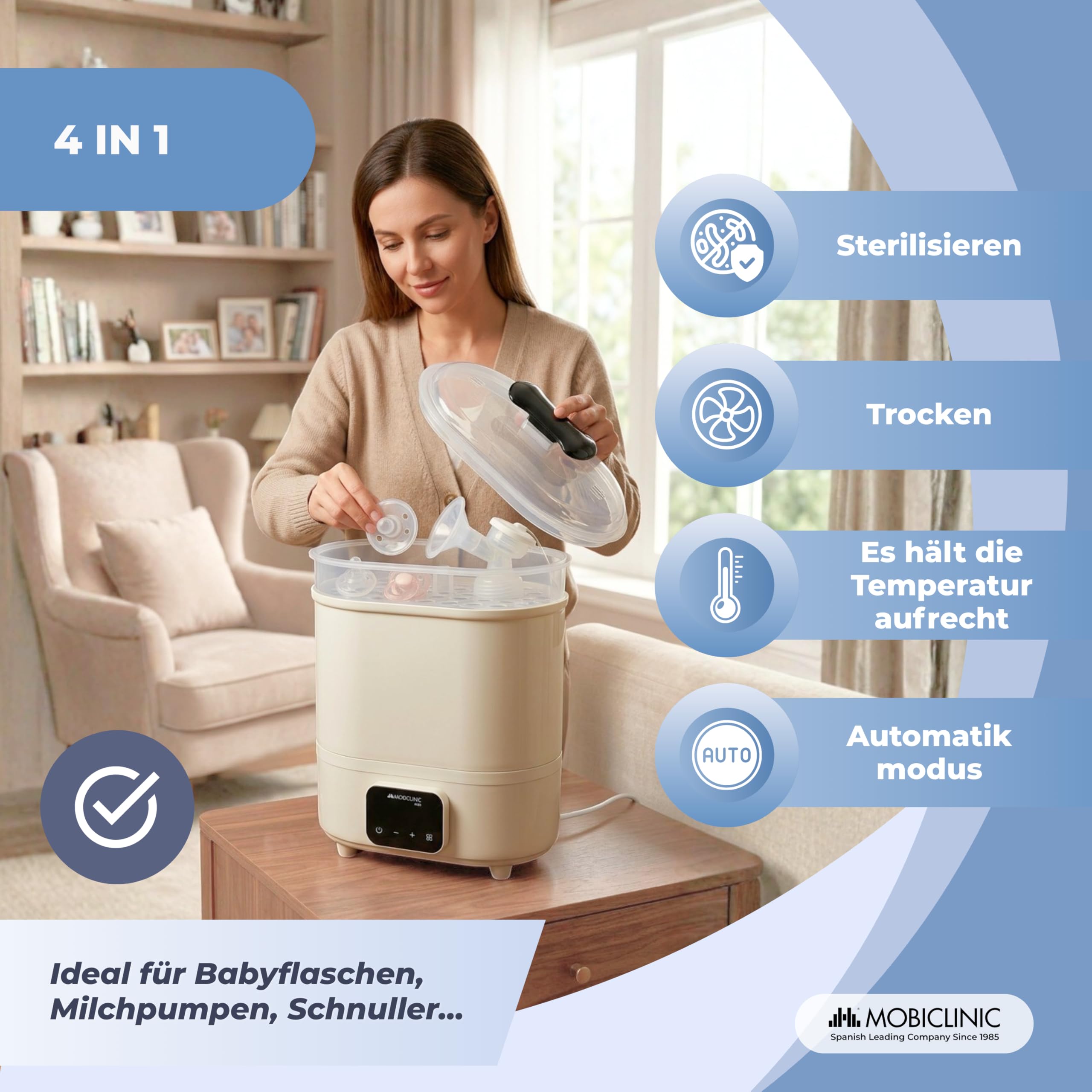 Mobiclinic®, Sterilisator für Babyflaschen, 4 in 1, Bis zu 6 Flaschen, Trocknet, Hält die Temperatur, Automatikmodus, Schnuller und Milchpumpen, LCD-Bildschirm, Kompakt, Mobibi