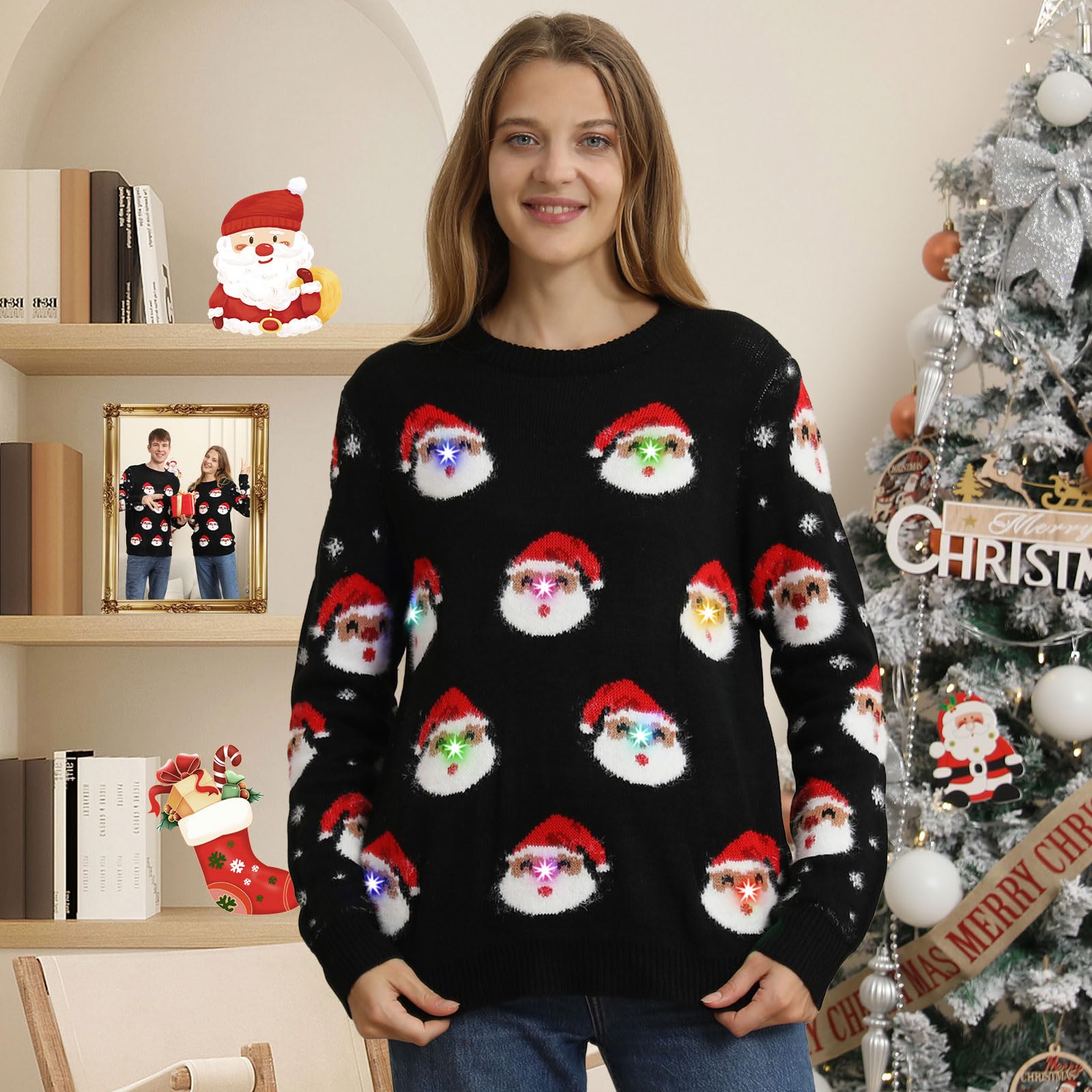 Maglione Natalizio con Luci LED, Maglioni Natalizi Famiglia Set, Brutti Maglione Natalizio Uomo Donna Ugly Christmas Sweater, Manica Lunga Maglia Natale Maglione di Natale per Coppia