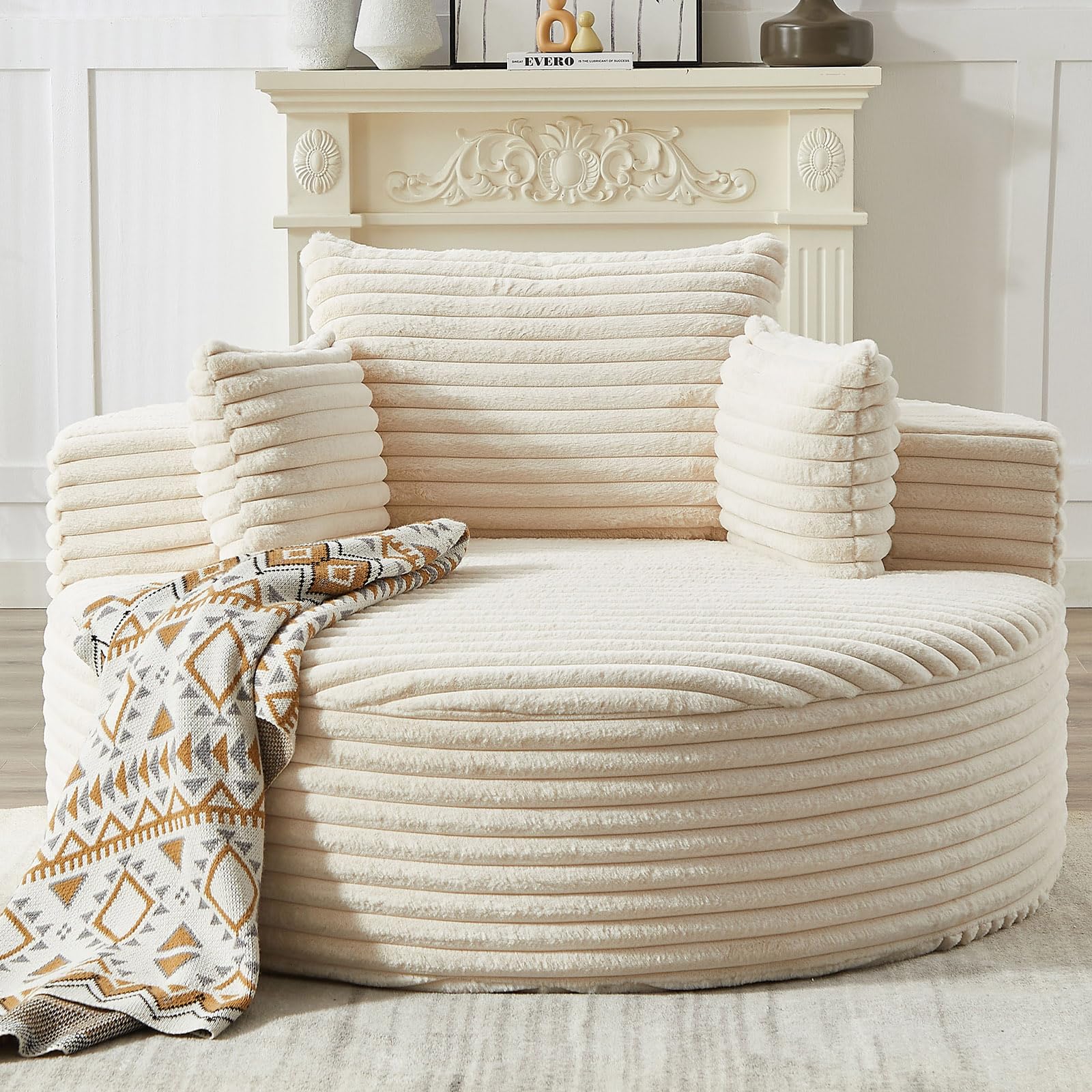 Oversized Round Chaise Lounge Chair Indoor, 55'' Corduroy Deep Seat Circle Single Floor Sofa Chairs, Modern Upholstered Sponge Armchair, Cloud Sleeper