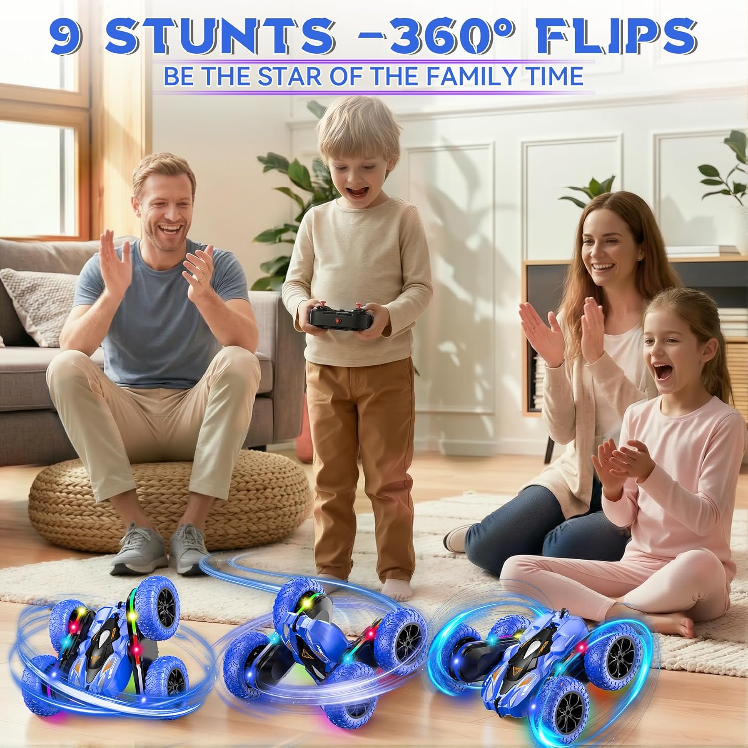 Wedopro RC Car for Boy Ages 6-12: 2 Batteries 360° Stunt Rotating 4WD Remote Control Toy with Headlights, Indoor Outdoor Birthday Gifts for Kids 6 7 8 9 10 11 12, Blue