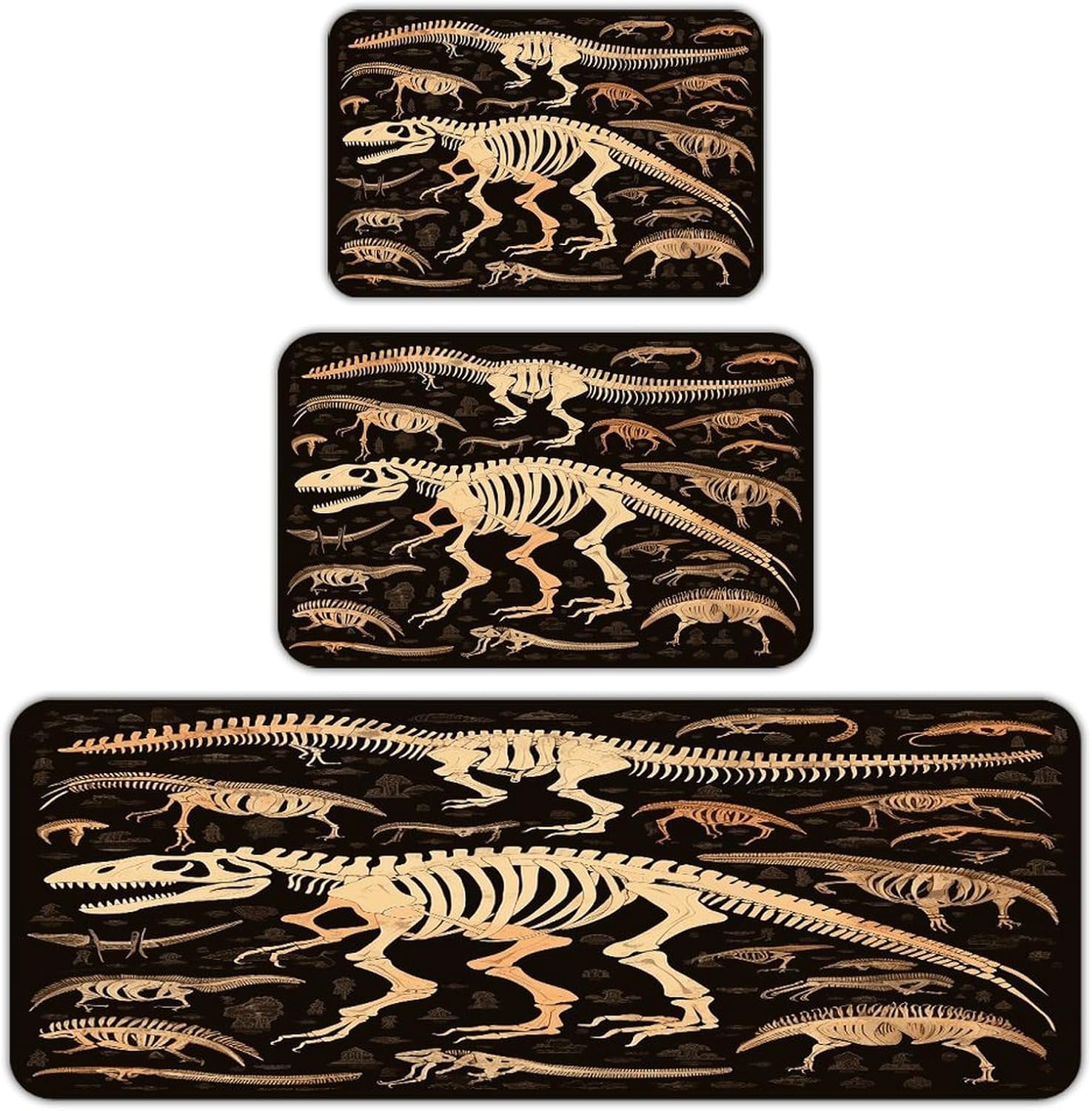 Dinosaur Skeleton Print Kitchen Rugs Set of 3 Non Slip Washable Kitchen Mats for Floor Soft Area Rug Kitchen Floor Mat Cushioned Anti Fatigue Mats Standing Sink Mat Decor Runner Rugs