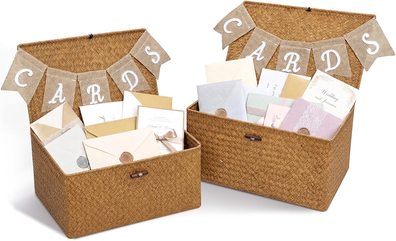 Geelin 2 Pcs Sea Grass Wedding Card Basket with Letter Flag - Handwoven Woven Post Box for Wedding Cards Baby Showers Birthdays Graduation Ceremonies Bridal Showers(Coffee)