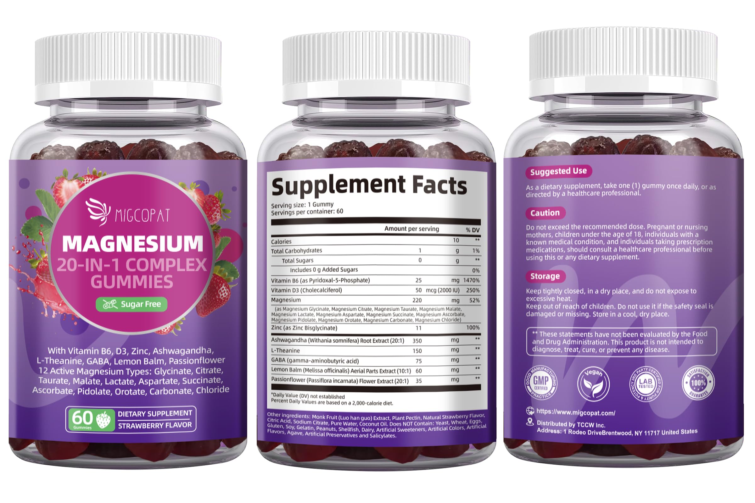 Migcopat Magnesium Complex 20 in 1 Magnesium Gummies with Glycinate Citrate Malate Taurate - Ashwagandha, L-Theanine, D3&Zinc for Relaxation, Sleep, Muscle&Heart Support, Strawberry, 60 Cts — Amazon image 9