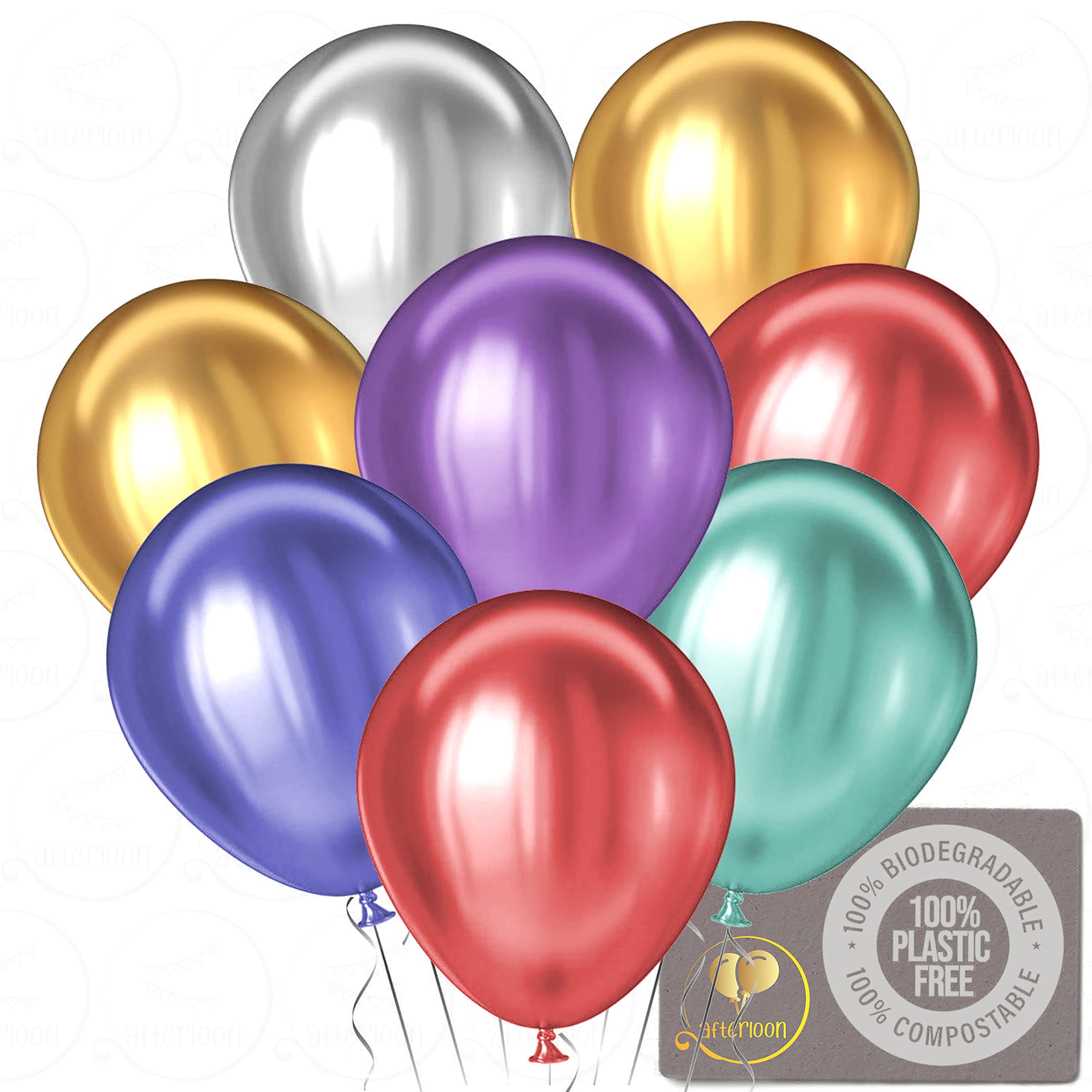 AFTERLOON Biodegradable Balloons Metallic Chrome Assorted 5 Inch Mini 100 Pack, Shiny Glossy Thickened Extra Strong Latex Helium Float, Baby Gender Reveal Wedding Birthday Party Decorations Rainbow