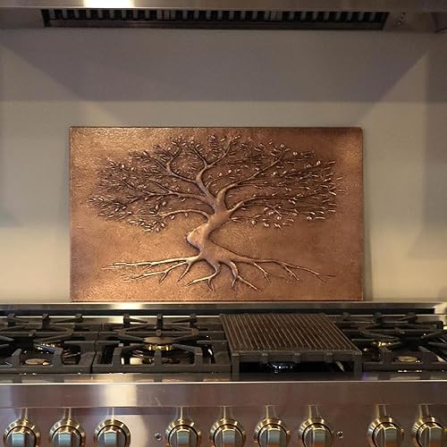 Miniatura 4 de Kitchen Backsplash, Large Rectangular Tree of Life With Roots Wall Art, Handmade Copper Tile for Fireplace, Indoor & Outdoor Wall Decor (Copper)