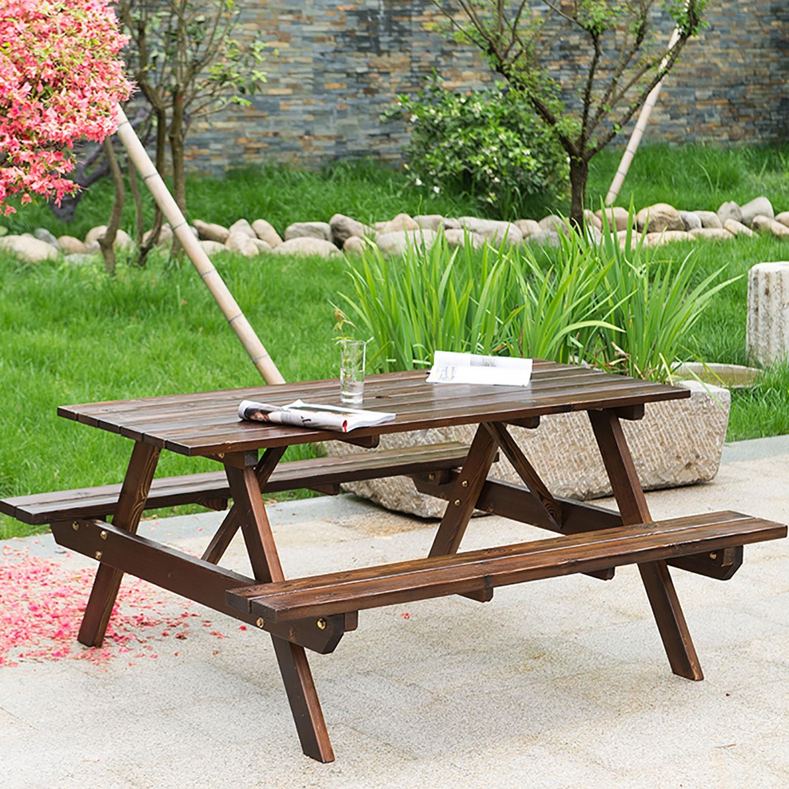 Tavolo da picnic in legno massello, tavolo da pranzo da 150 cm, con panche e foro per ombrellone, ideale per campeggio, cortile, giardino e raduni sul prato