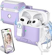 AirPods 3rd Gen Case Cover, Compatible with Magsafe, Magnetic Auto Closure, Dustproof Charging Port and Stand Design with Cleaning Kit,Snow White/UVA Purple