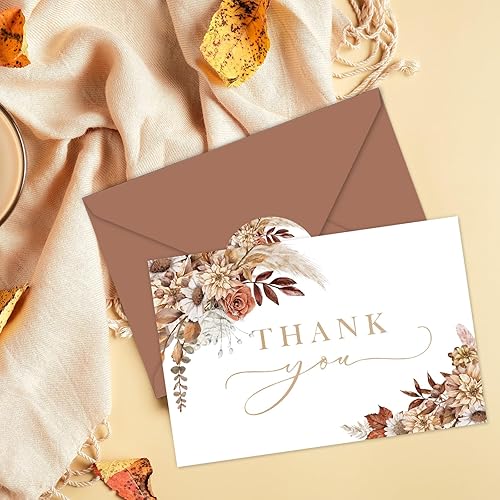 Miniatura 3 de AnyDesign Tarjetas de agradecimiento florales bohemias a granel, paquete de 24 tarjetas de notas de flores con sobres, calcomanías de estilo