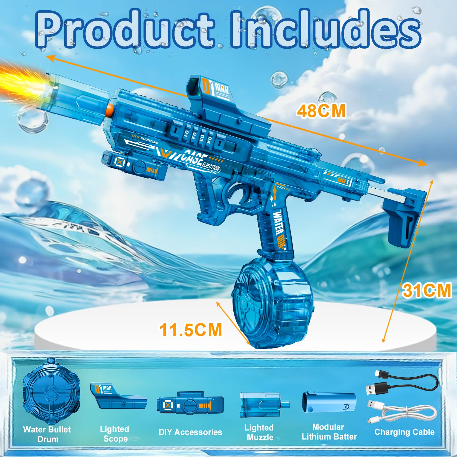 Elektrische Wasserpistole für Erwachsene und Kinder, Automatische Wasserspritzpistole mit LED-Lichtern, Wiederaufladbarer Batterie WasserPistolen für Sommer Strand Pool Wasserspaß Spielzeug, Blue