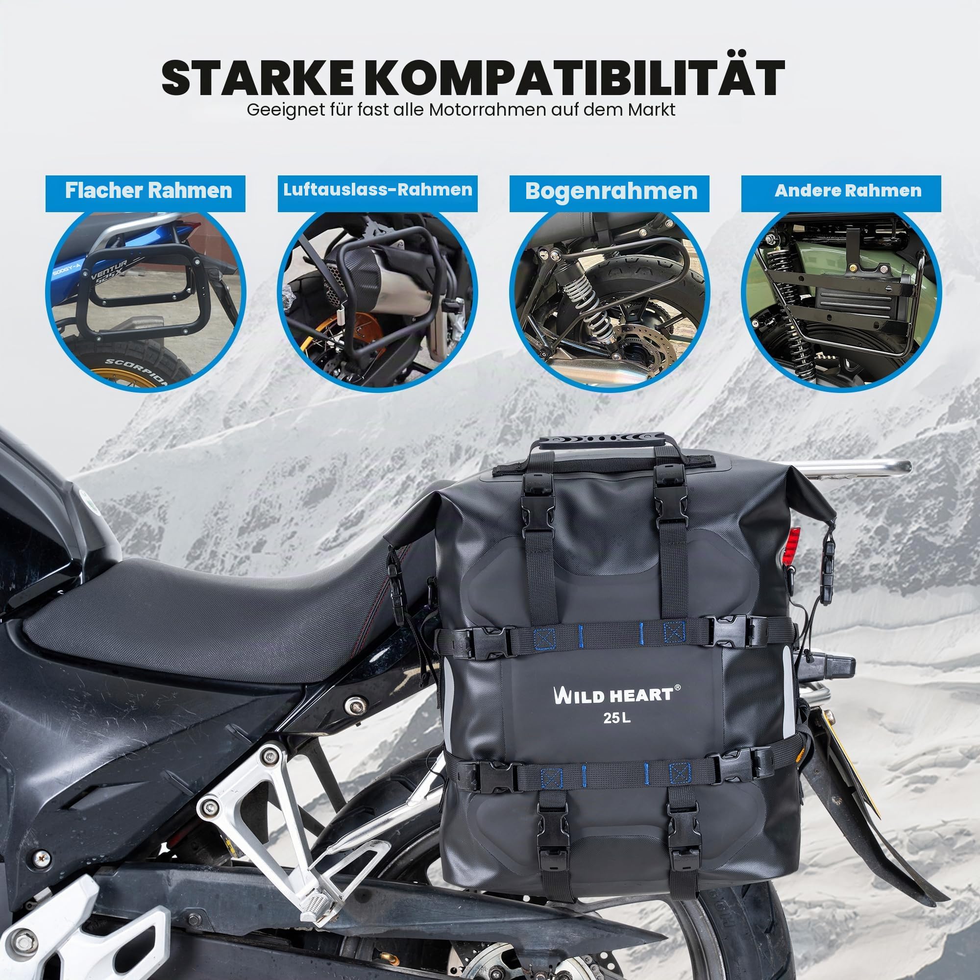 WILD HEART Motorrad Seitentasche Edelstahl Federung wasserdichte Tasche 20L/25L wasserdicht Pianner verschleißfest Allzweck-Bike-Zubehör (Schwarz TPU, 25L,One PCS)