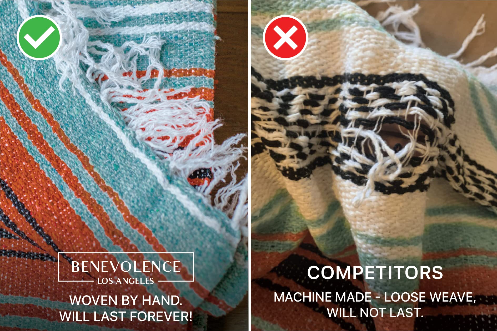 Benevolence LA Authentic Mexican Blanket - Beach Blanket, Handwoven Serape Blanket, Perfect as Picnic Blanket, Outdoor Blanket, Yoga Blanket, Camping Blanket, Car Blanket, Woven Blanket (Sunrise)