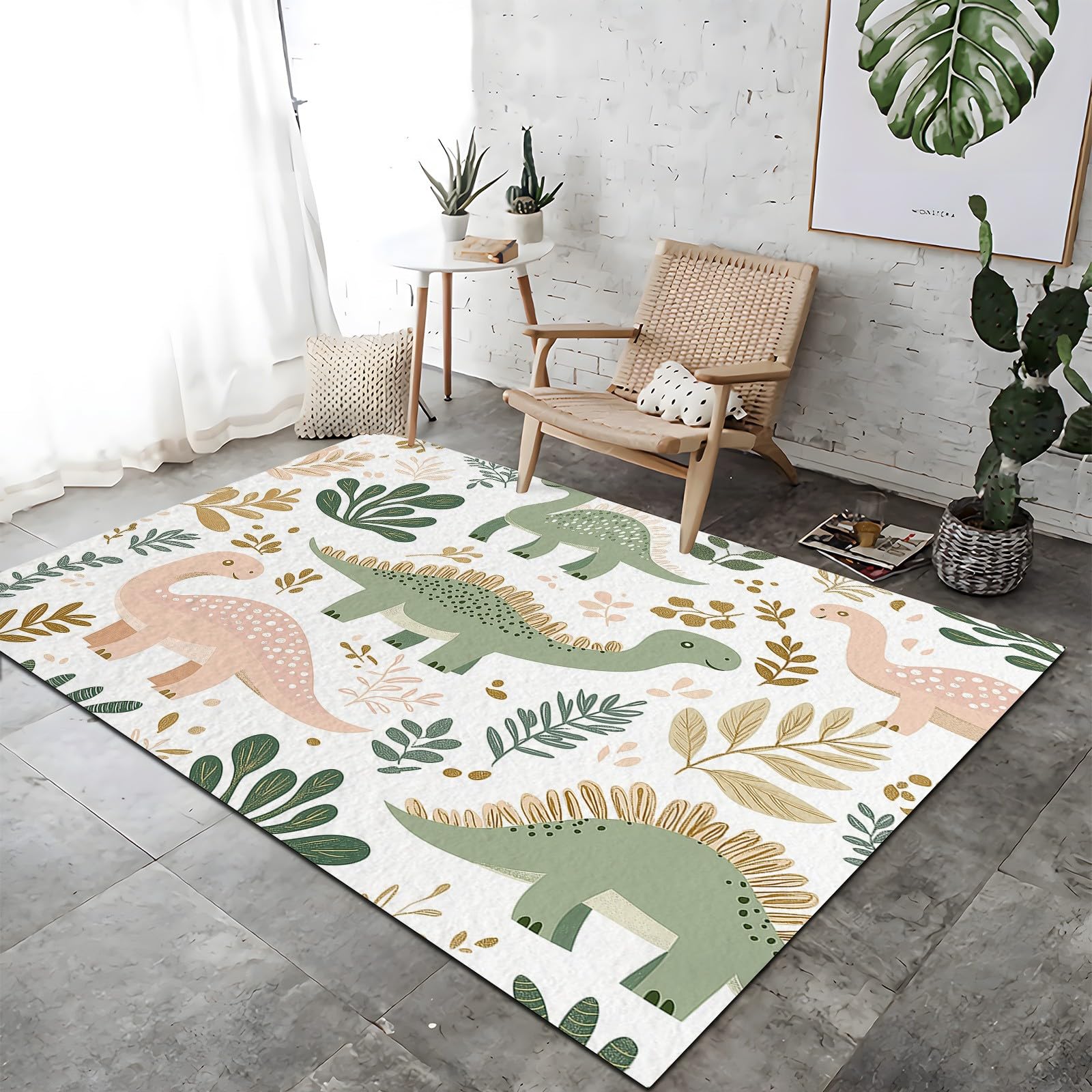 Teppich Bunt Dekor Teppich Kinder Wohnzimmer Teppiche 60 x 120 cm Indoor Bodenmatte Üppiges Laub süß Dinosaurier Kurzfloriger, moderner maschinenwaschbarer Rutschfester Heimteppich